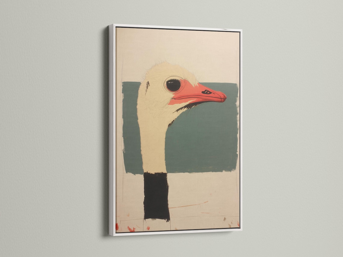 Stylised ostrich head portrait with red beak, dark eye, beige and teal shapes detail view