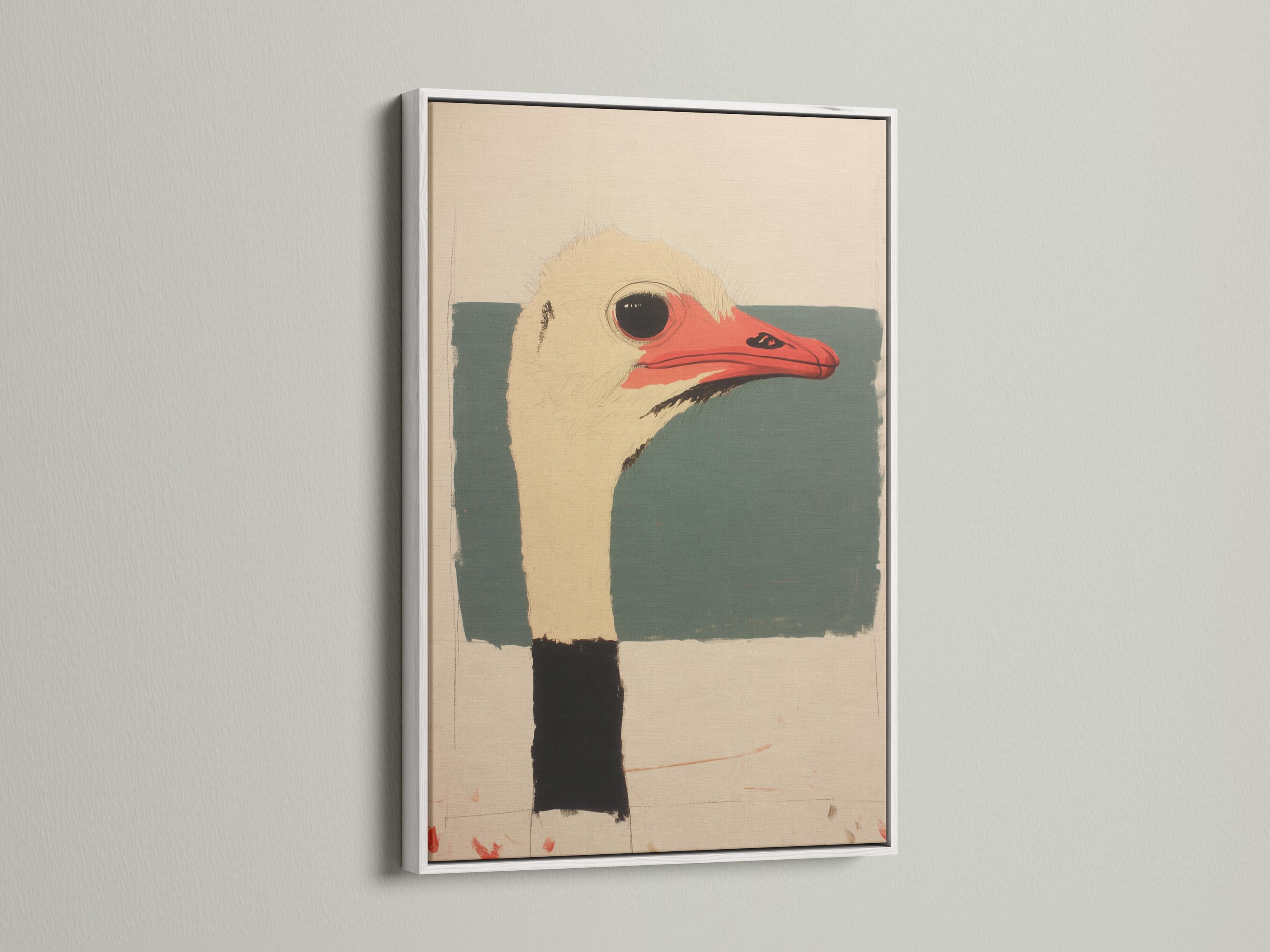 Stylised ostrich head portrait with red beak, dark eye, beige and teal shapes detail view
