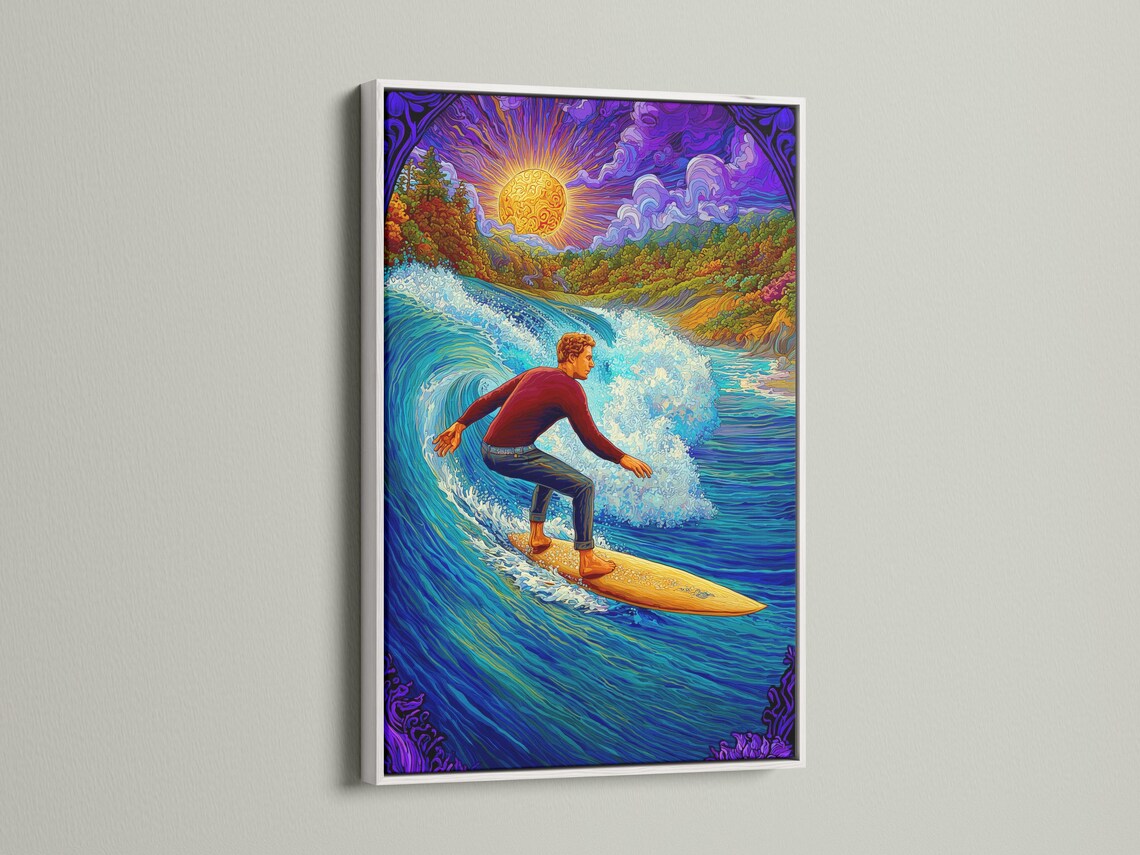 Psychedelic surfer scene with a glowing sun and vibrant ocean waves, in blue, purple and gold tones detail view