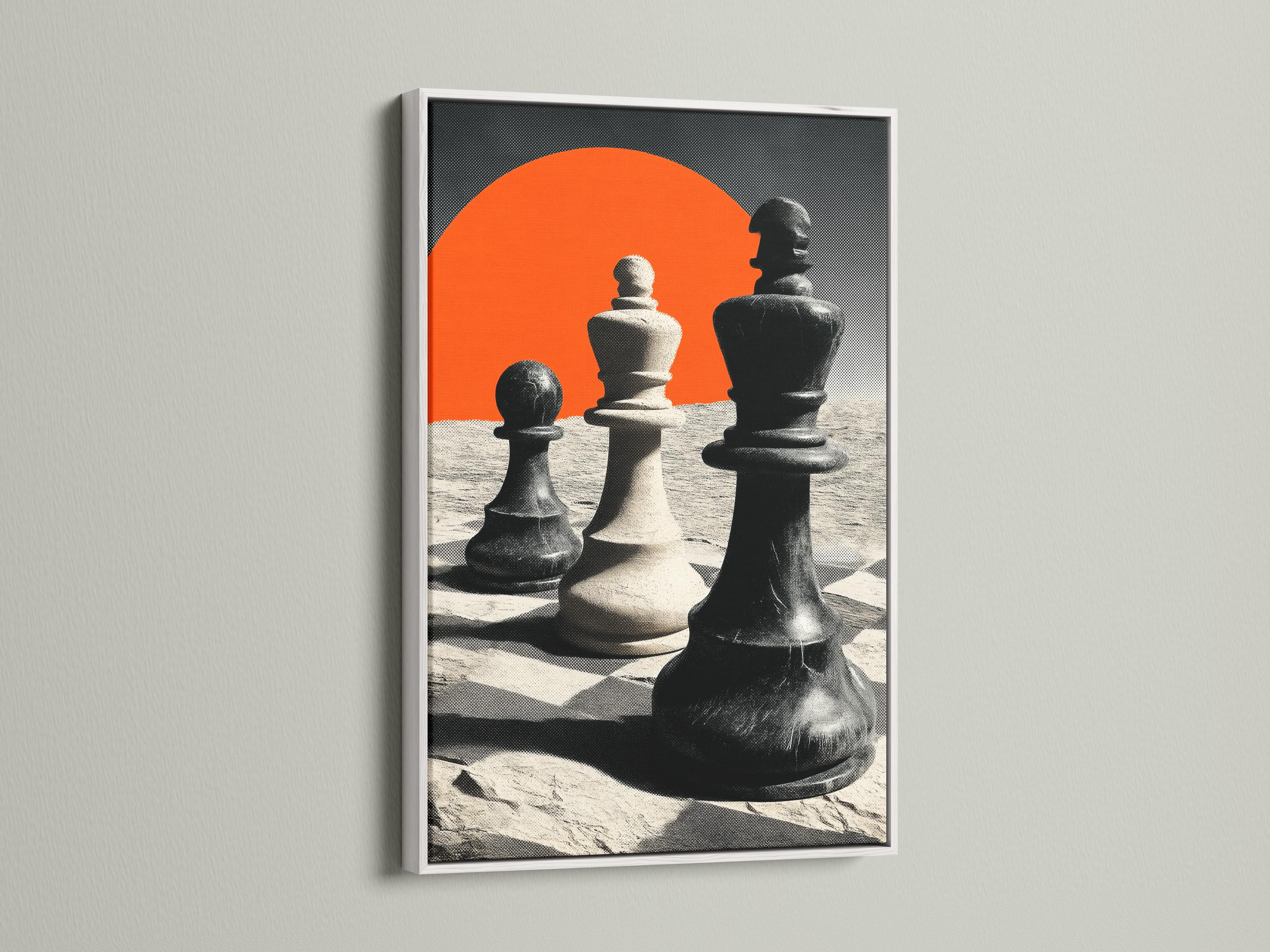 High-contrast chess pieces with an orange sun and monochrome sandy landscape background detail view