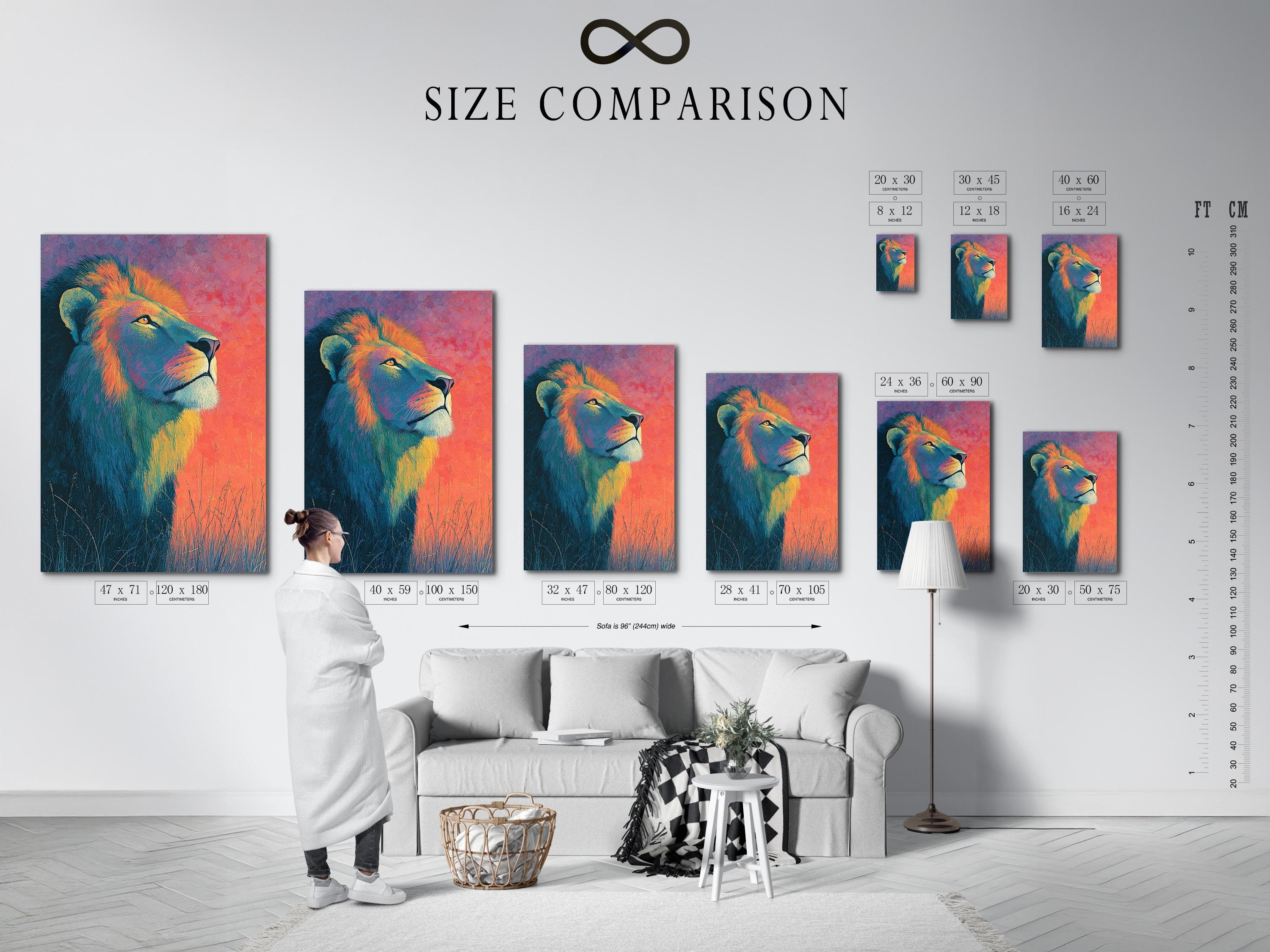 Room mockup showing a framed lion portrait in teal, coral and gold colours