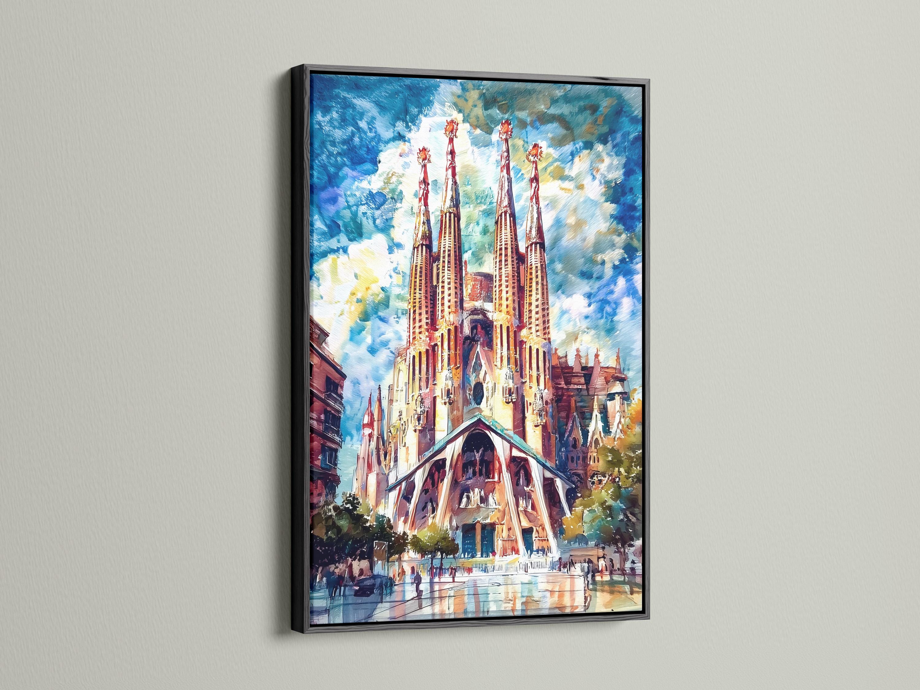 Room mockup showing a framed cathedral spires artwork on a blue wall above a desk