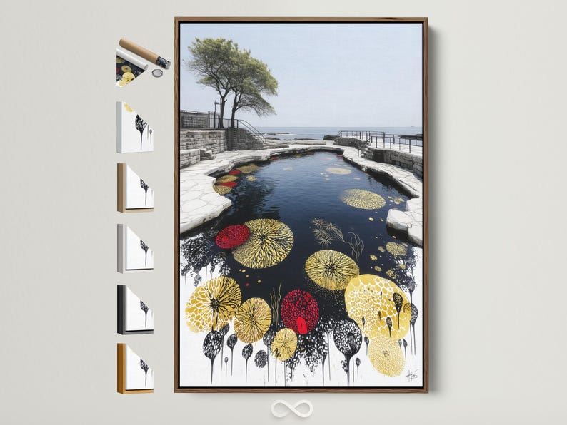 Portrait artwork showing a pond or water channel with floating lily pads in gold and yellow and dark ink splashes