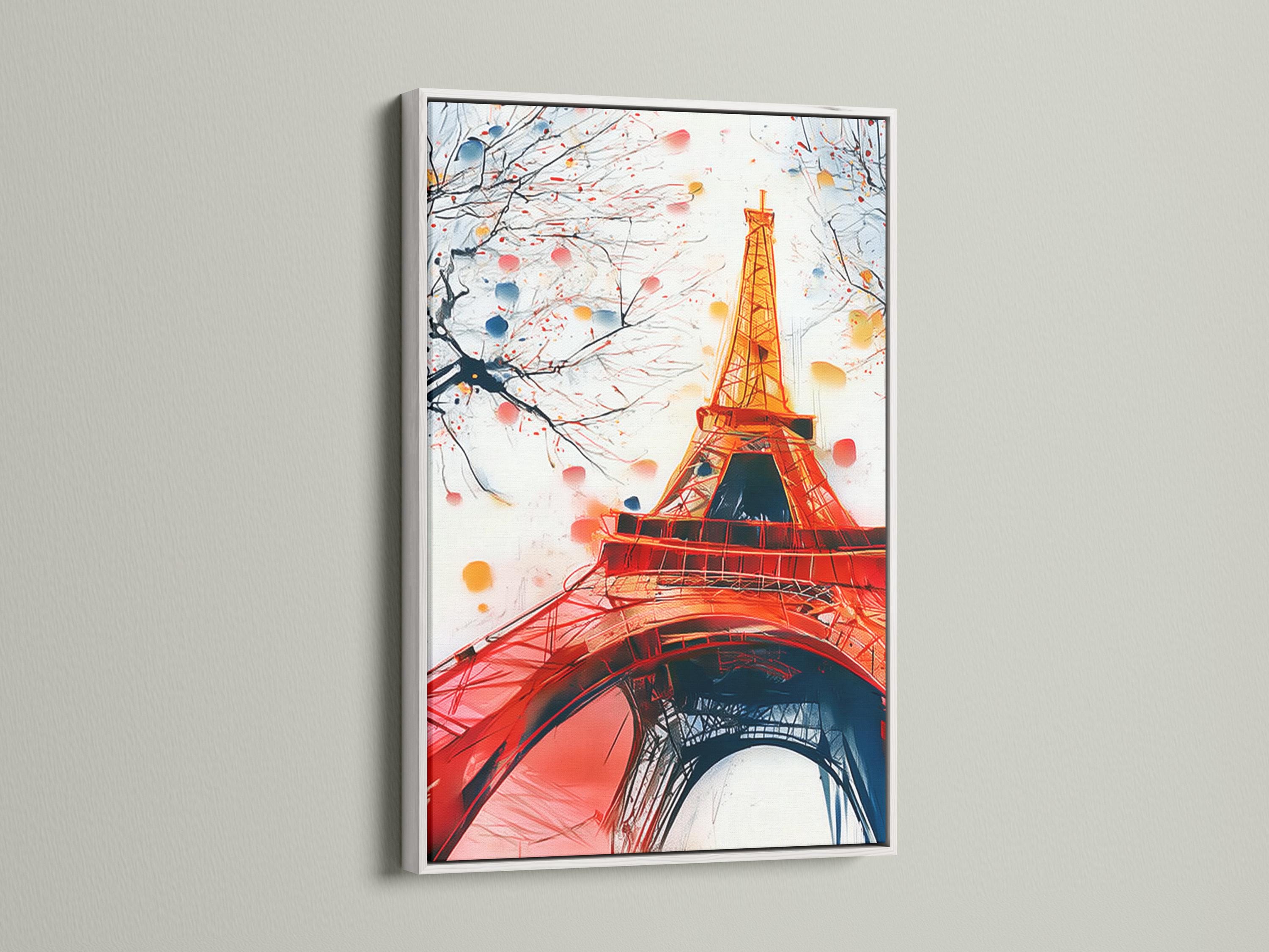 Eiffel Tower cityscape in red and gold with branches and blossom-like dots detail view