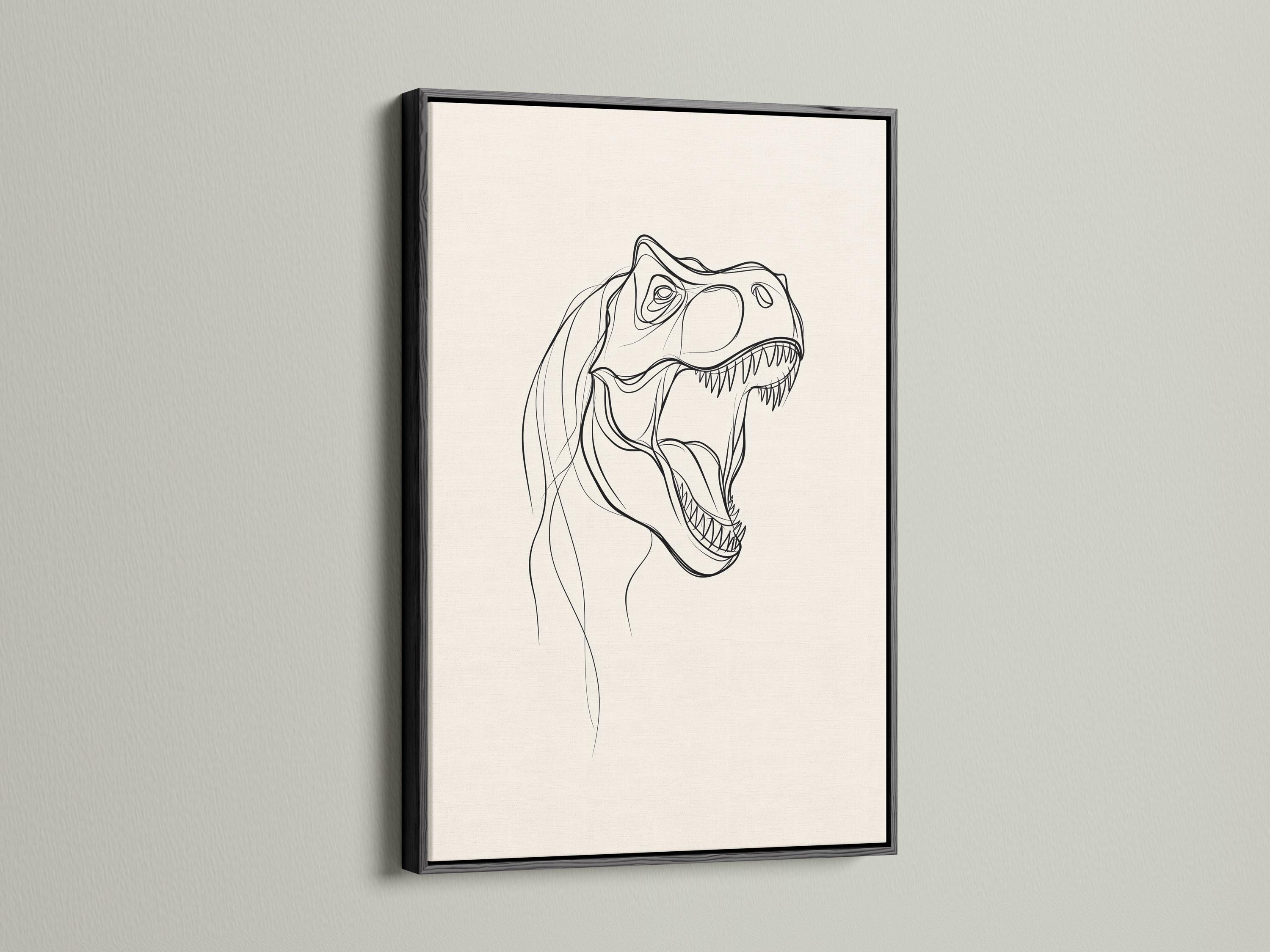 T-rex line art wall mockup with a framed black line drawing on an off-white background