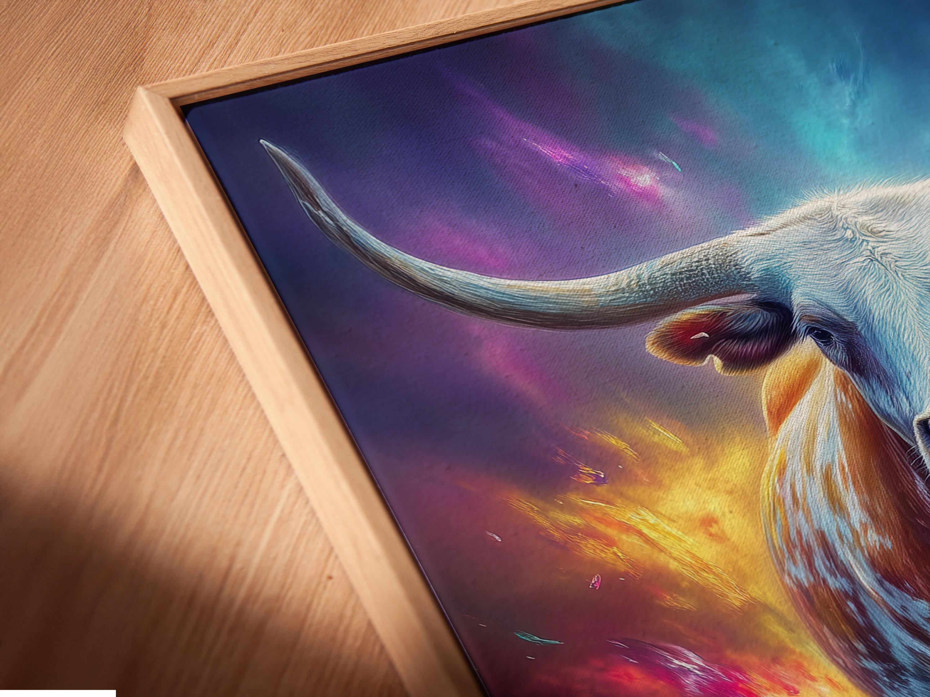 Longhorn bull standing in a colourful wildflower field under a glowing blue-purple sky detail view