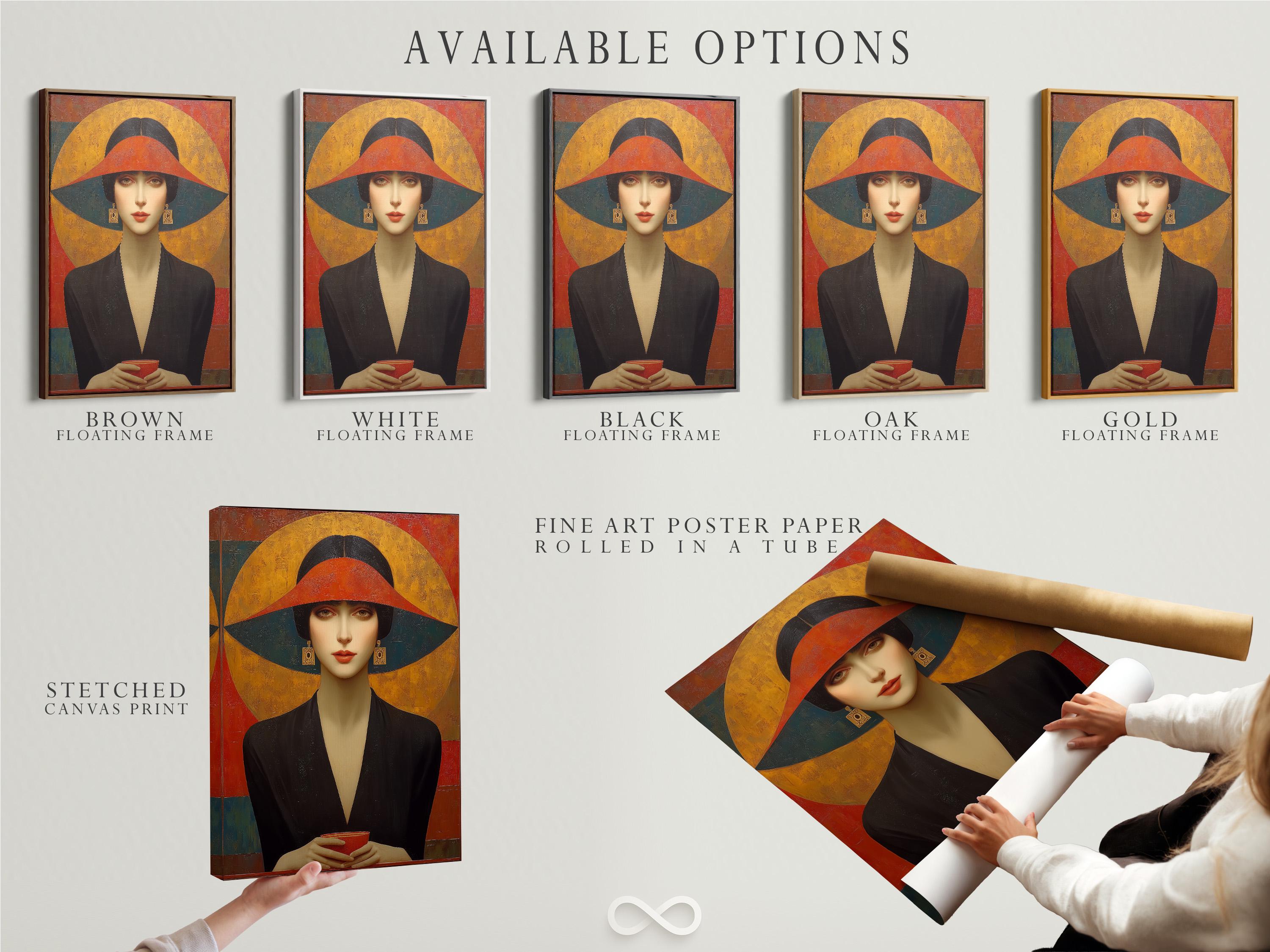 Stylised woman portrait in a dark hat with Art Deco geometric shapes in gold, red and black detail view