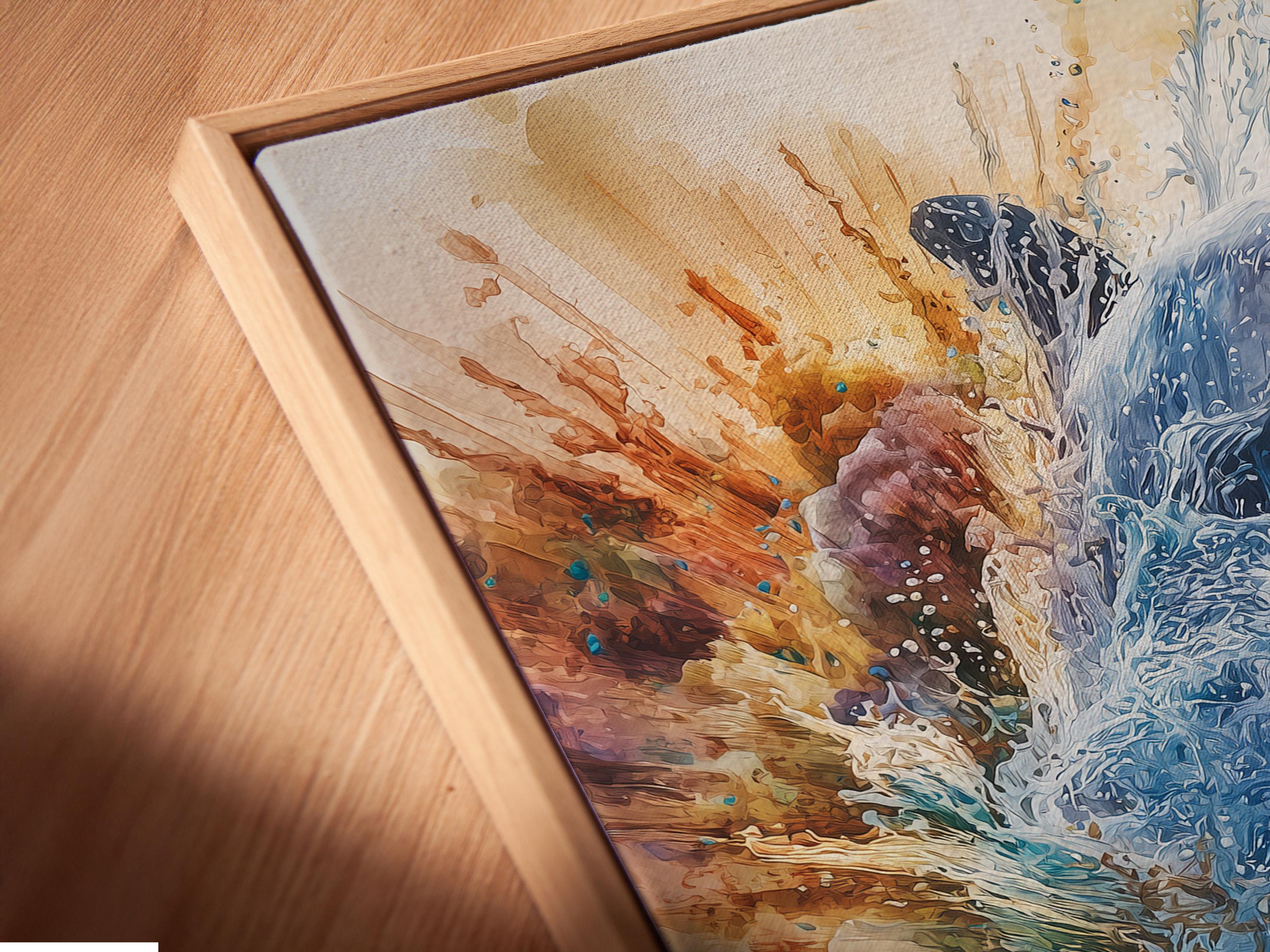 Framed ocean dolphin splash artwork on a wall with other frame options