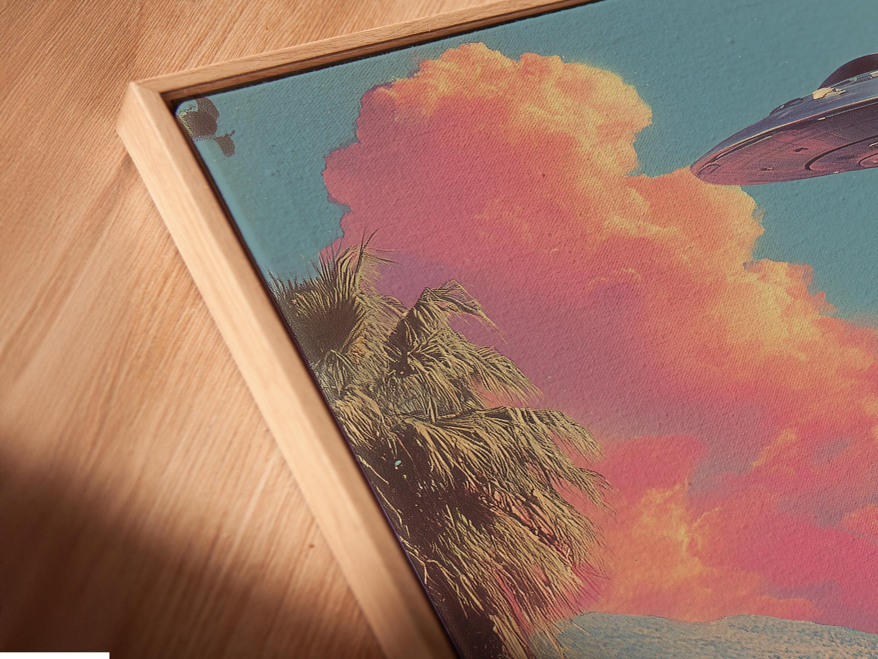 Wall mockup featuring a retro sci-fi UFO lake landscape