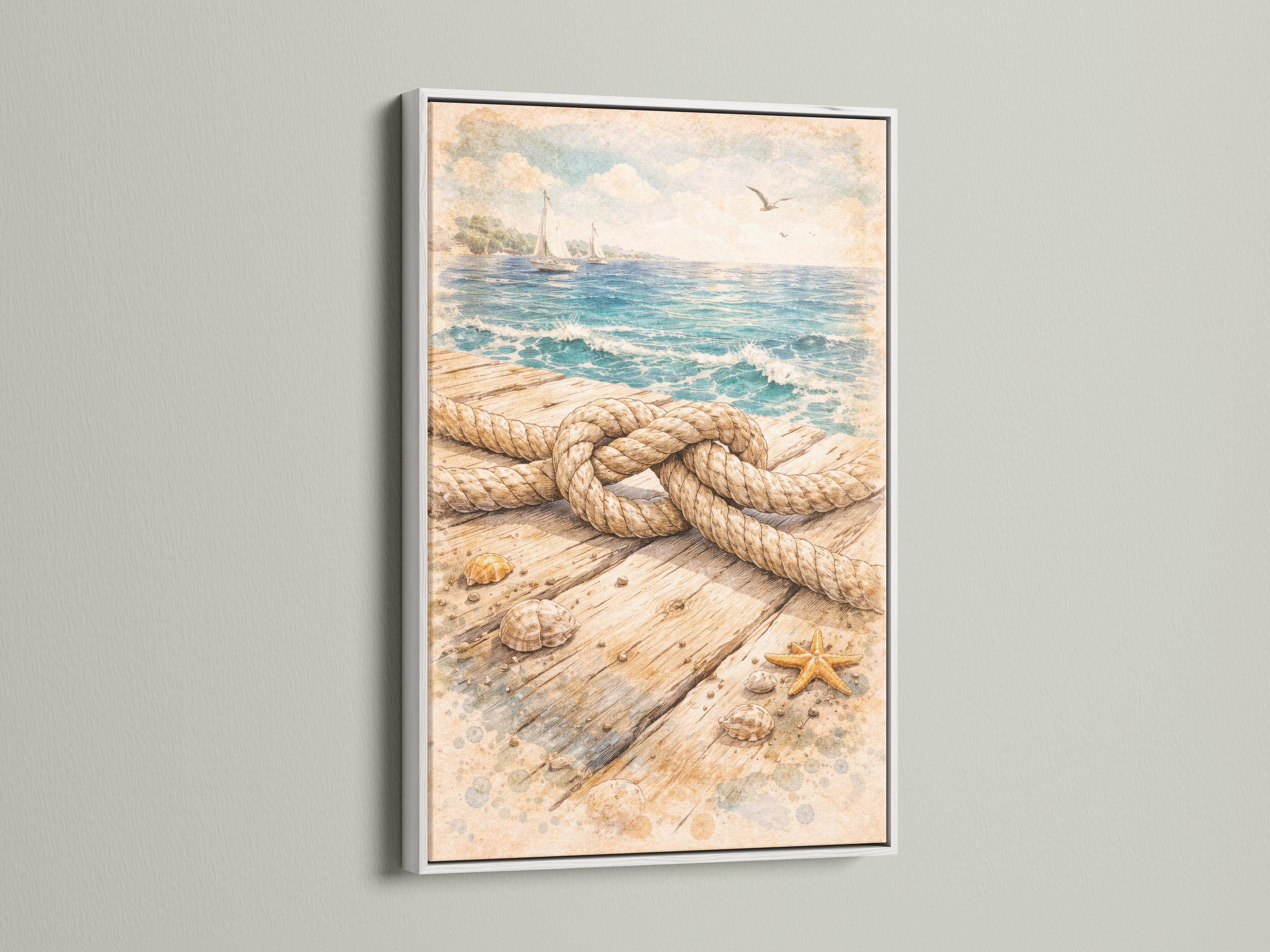 Nautical rope knot on a weathered dock with seashells, starfish, and sailboats on the ocean detail view