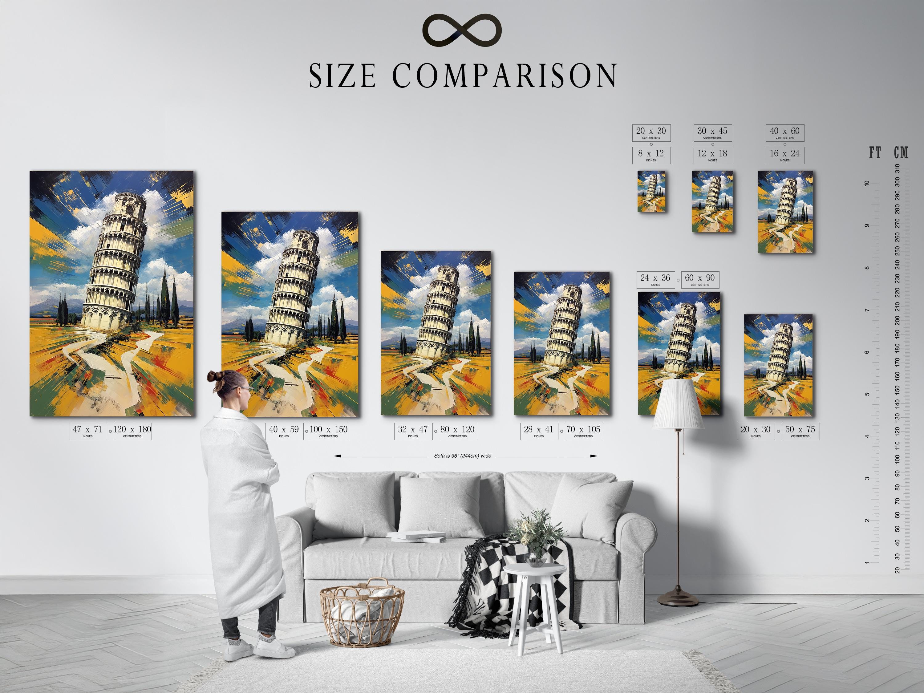 Man standing by a framed Leaning Tower of Pisa painting in an office-like room