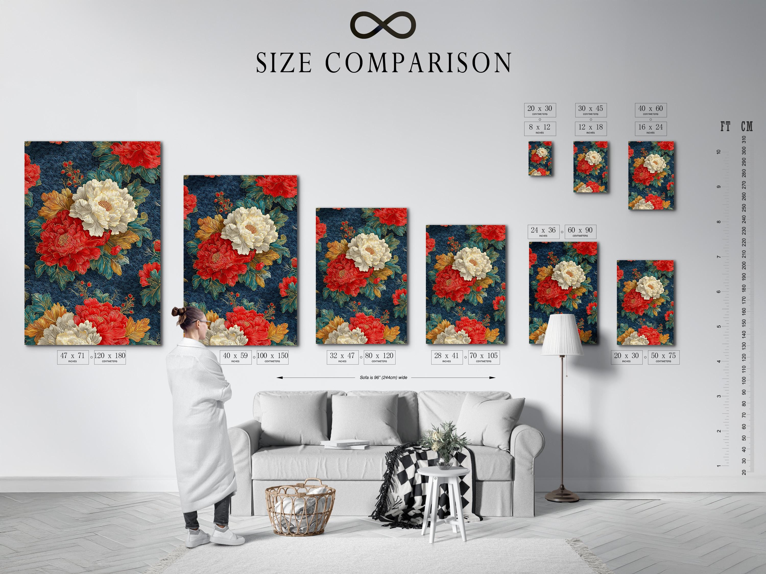 Peony floral artwork displayed in a frame over a light background, with alternate frame options shown
