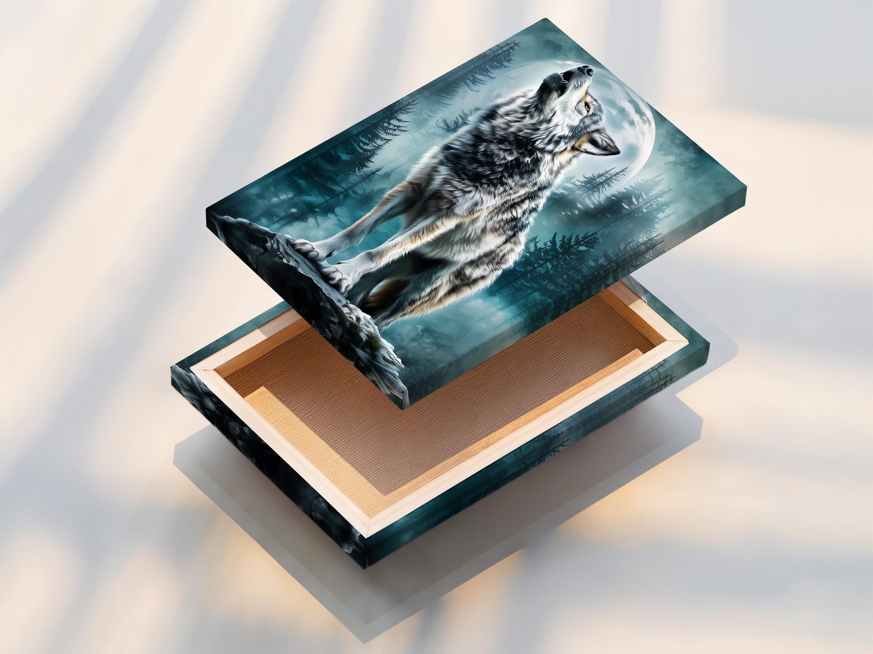 Wolf artwork mockup on a wall with teal forest and moon scene