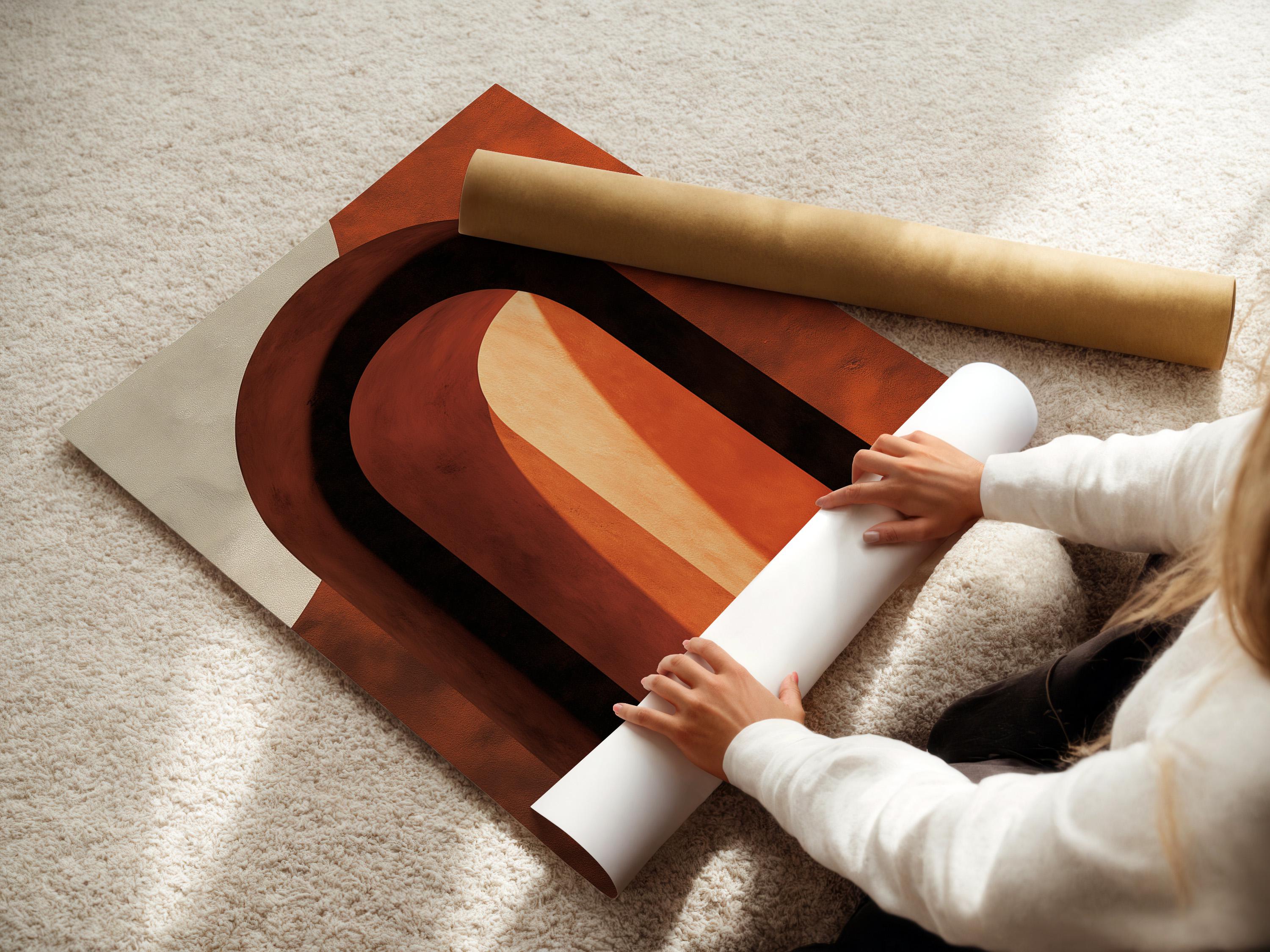 Woman holding a mug standing beside an abstract arch wall artwork in warm terracotta tones