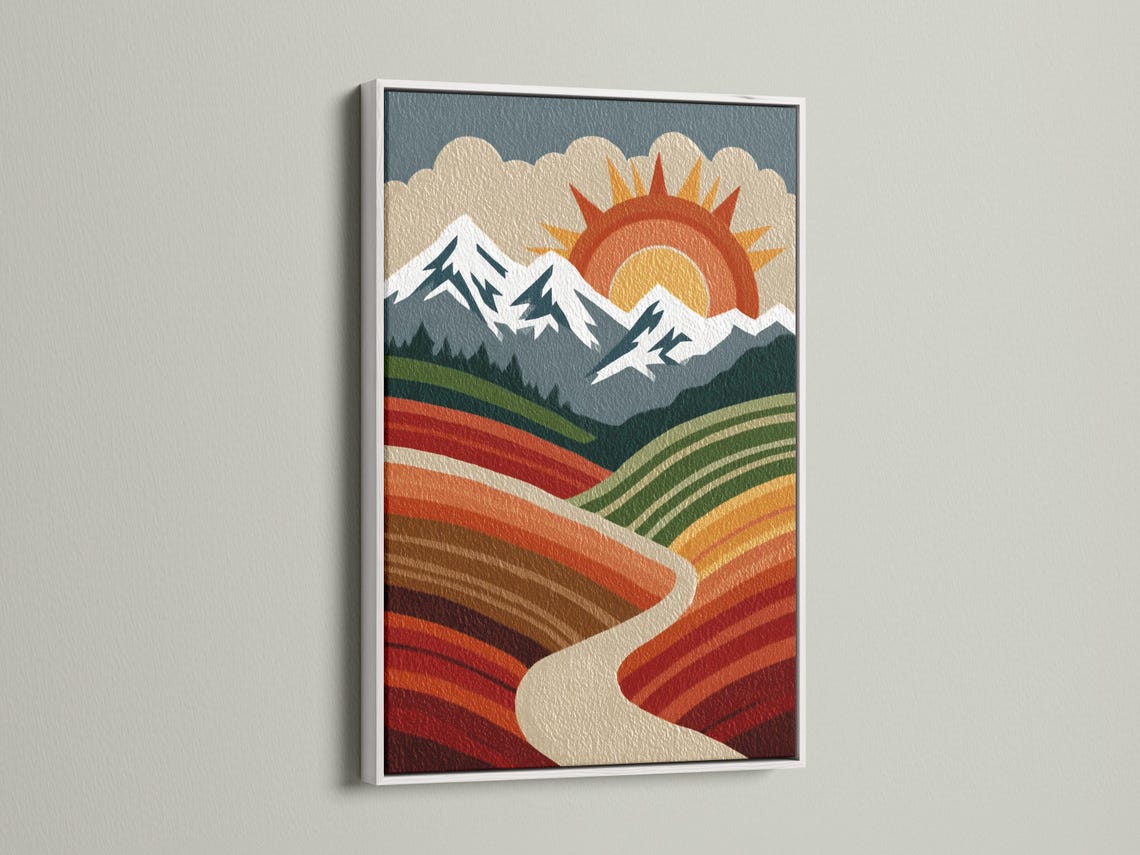 A stylised mountain landscape sits beneath a large retro sun, with layered fields of striped colour and jagged ridge lines detail view