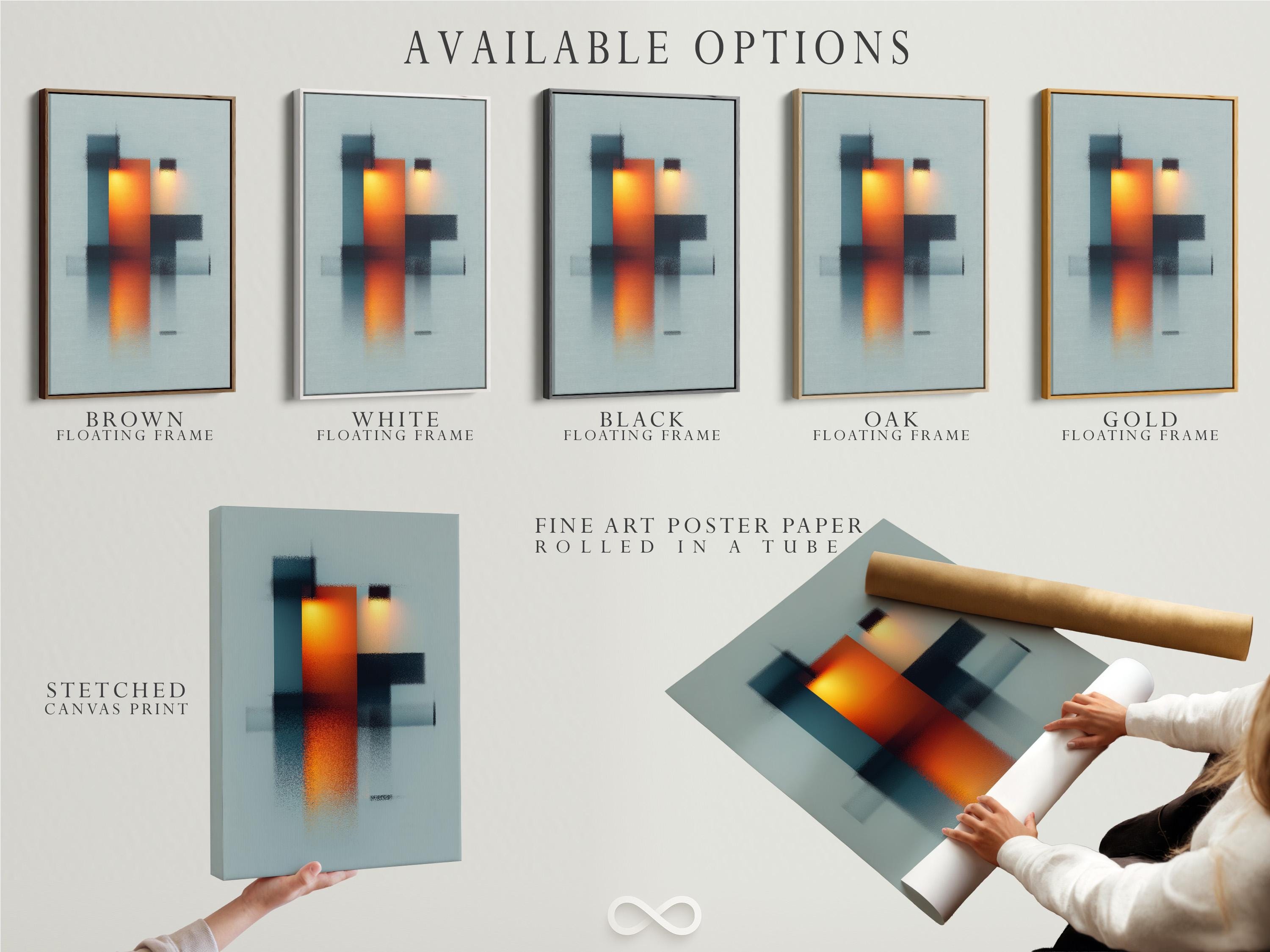 Room mockup showing a framed abstract geometric artwork with teal, deep blue and orange blocks