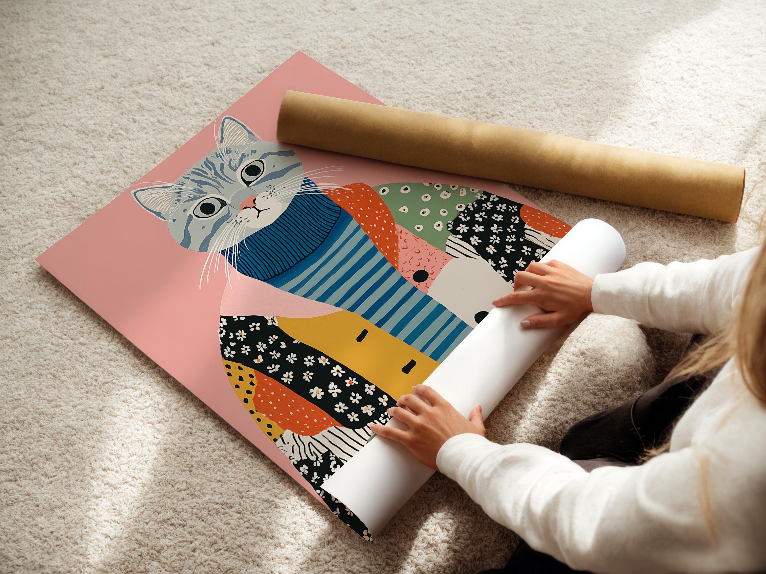 A pink background cat portrait wearing a blue striped sweater with patchwork shapes below detail view