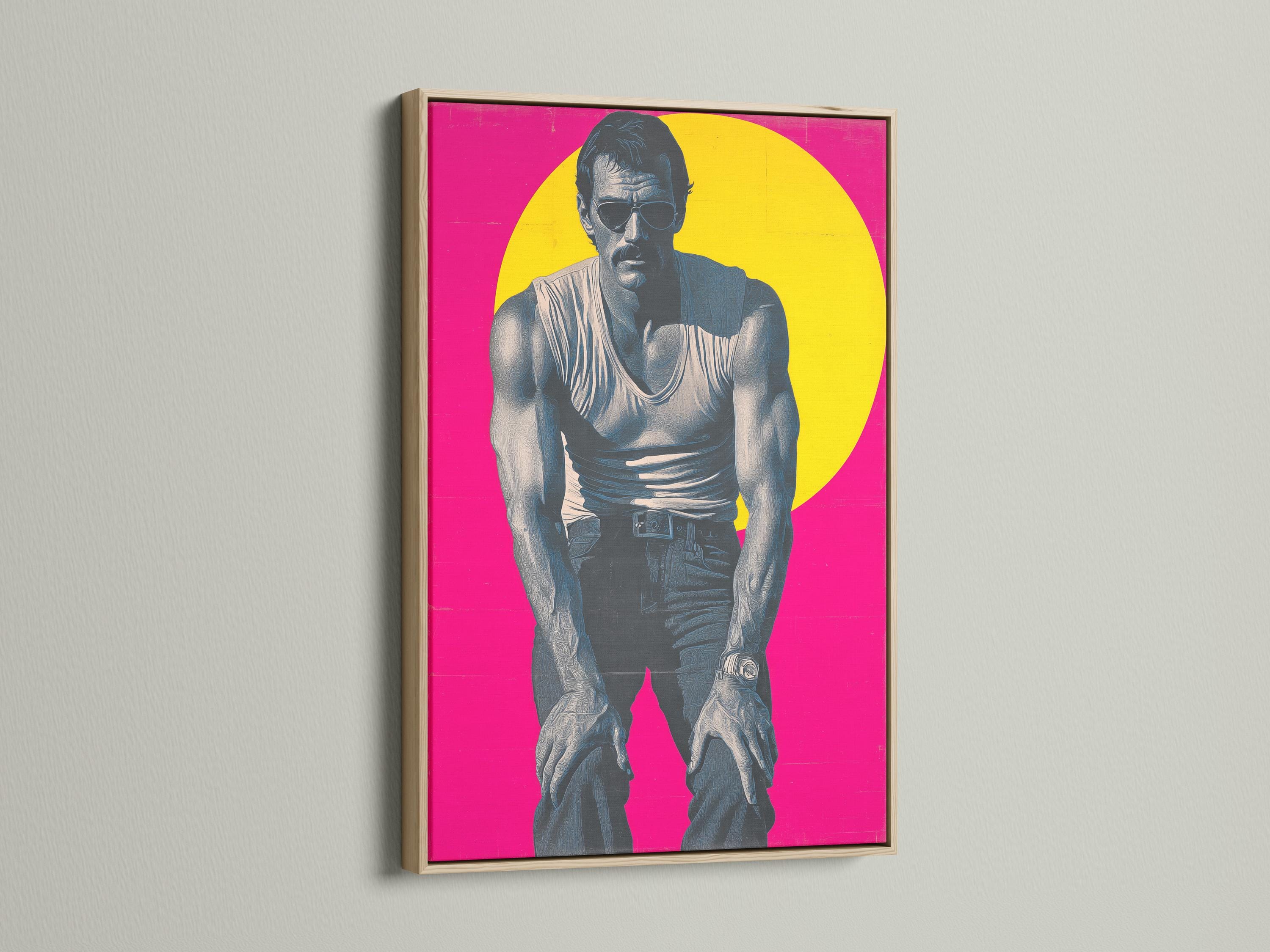 Retro pop art portrait of a man with sunglasses and tattoos on a hot pink background detail view