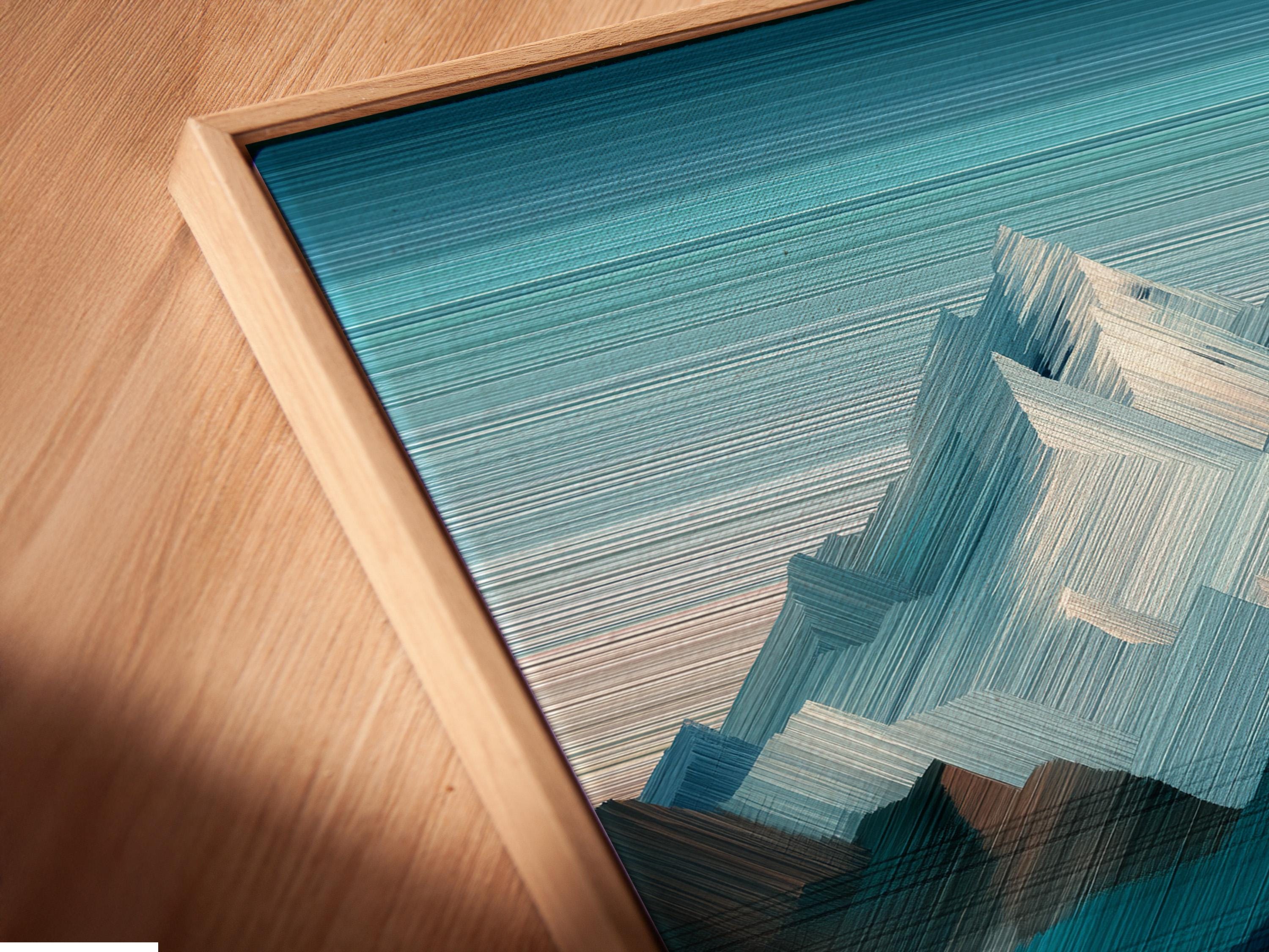 Abstract geometric mountainscape artwork with teal, navy and white peaks detail view