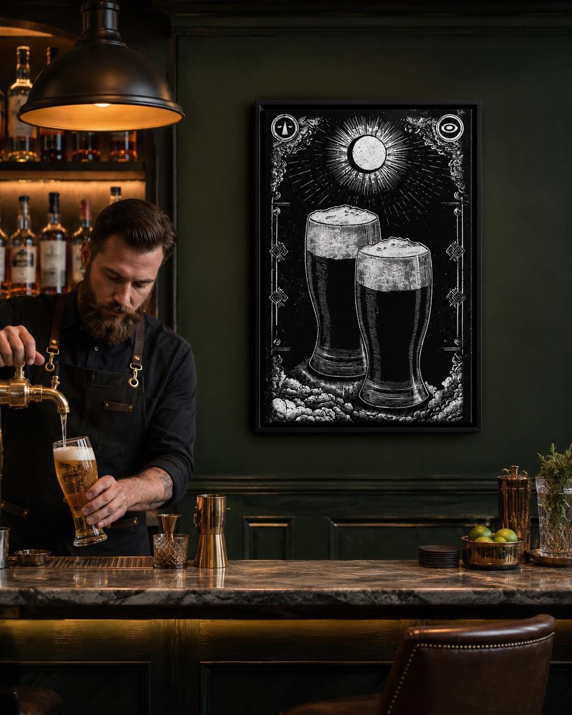 Person holding a framed black-and-white beer mug illustration in a workshop-style bar setting