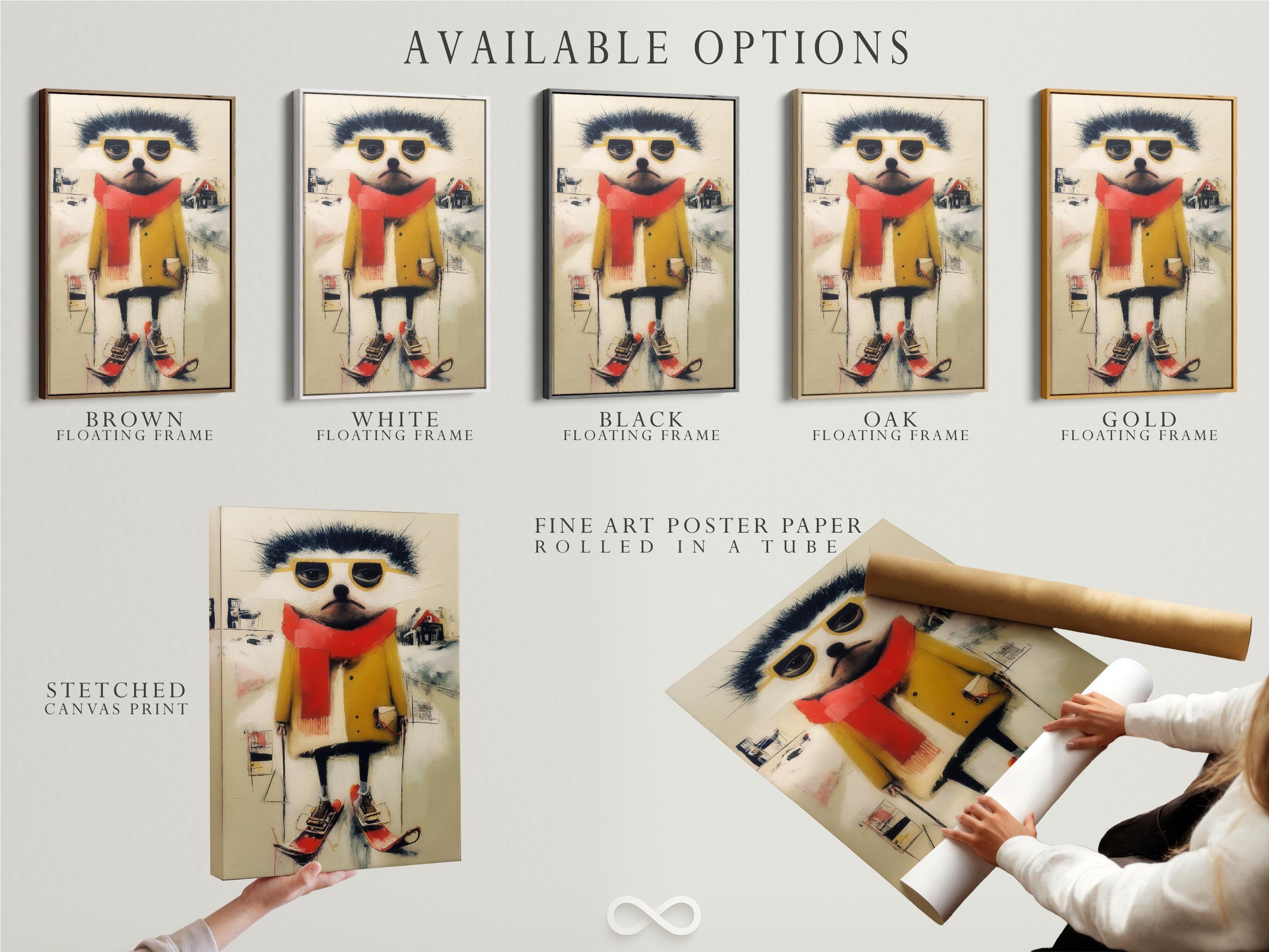 Stylised winter ski animal with dark fur, oversized yellow glasses, red scarf and red boots detail view