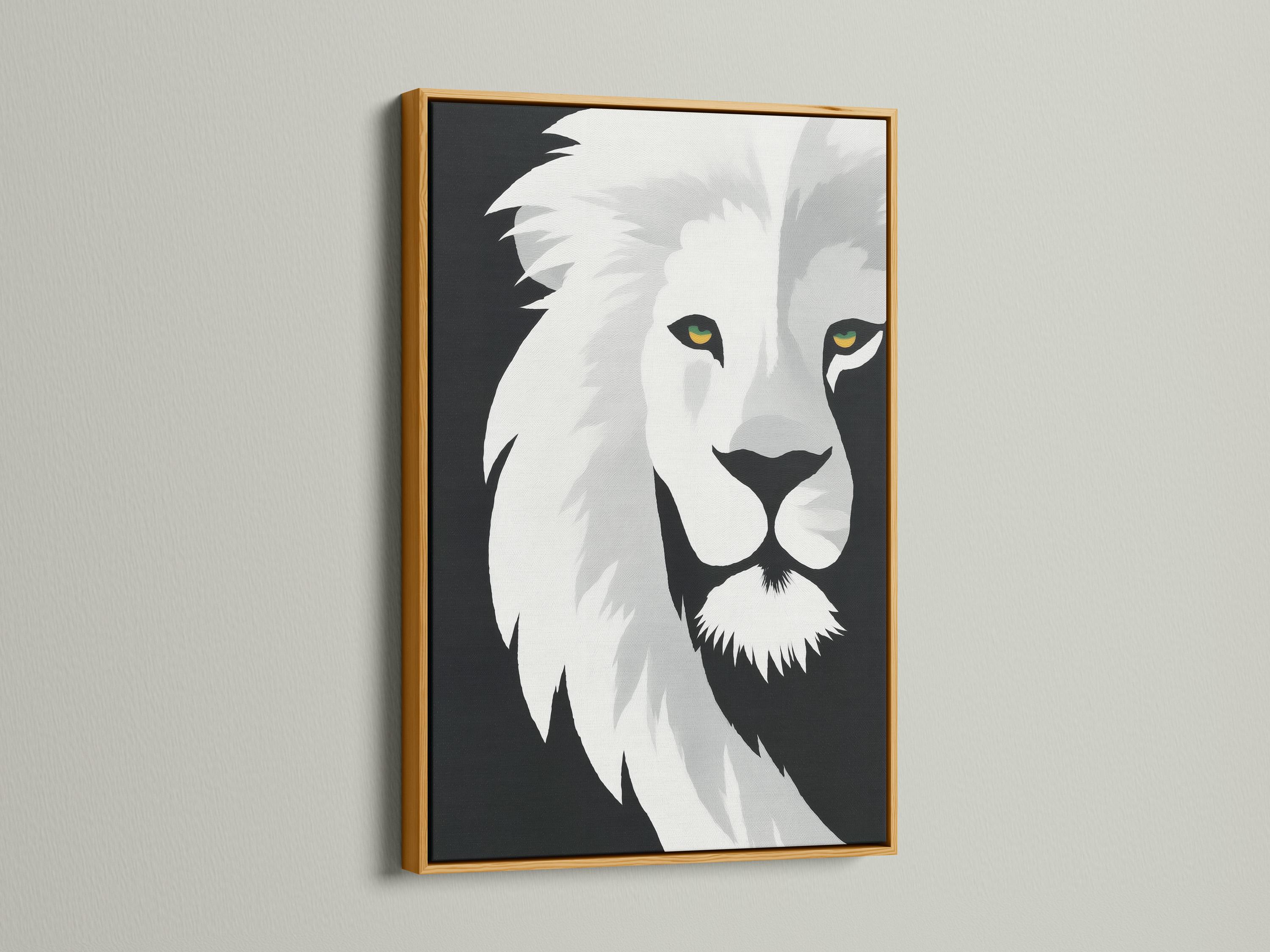 Monochrome lion portrait artwork with stylised mane and yellow-green eye highlights detail view