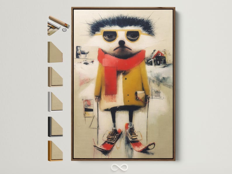 Stylised winter ski animal with dark fur, oversized yellow glasses, red scarf and red boots