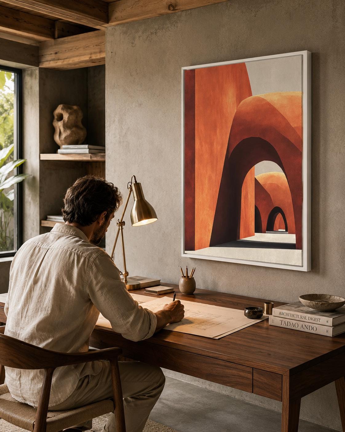Abstract geometric archway artwork in terracotta, cream and dark outlines detail view