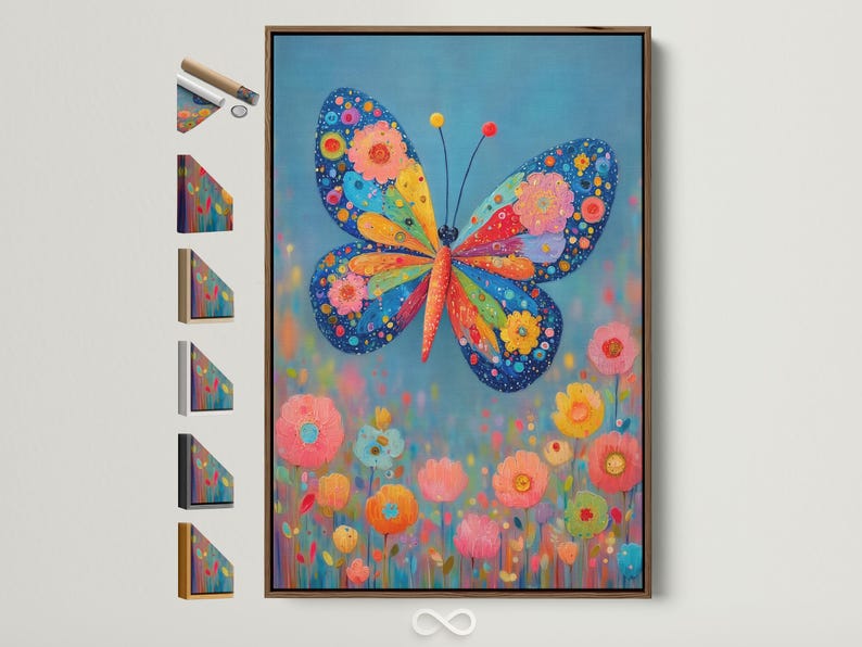 A bright stylised butterfly with patterned wings over colourful flowers on a blue background