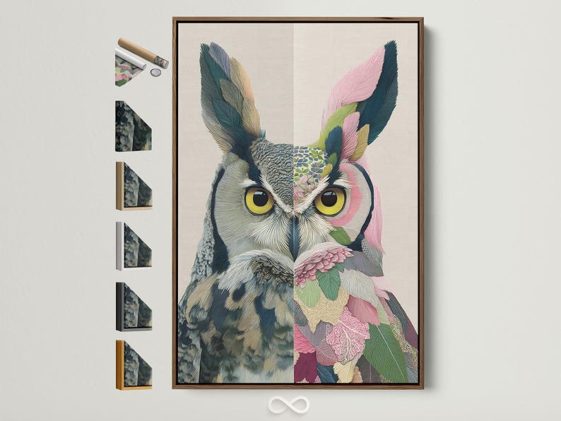 Split owl portrait with yellow eyes, fanned wings and pink flower plus green leaf details