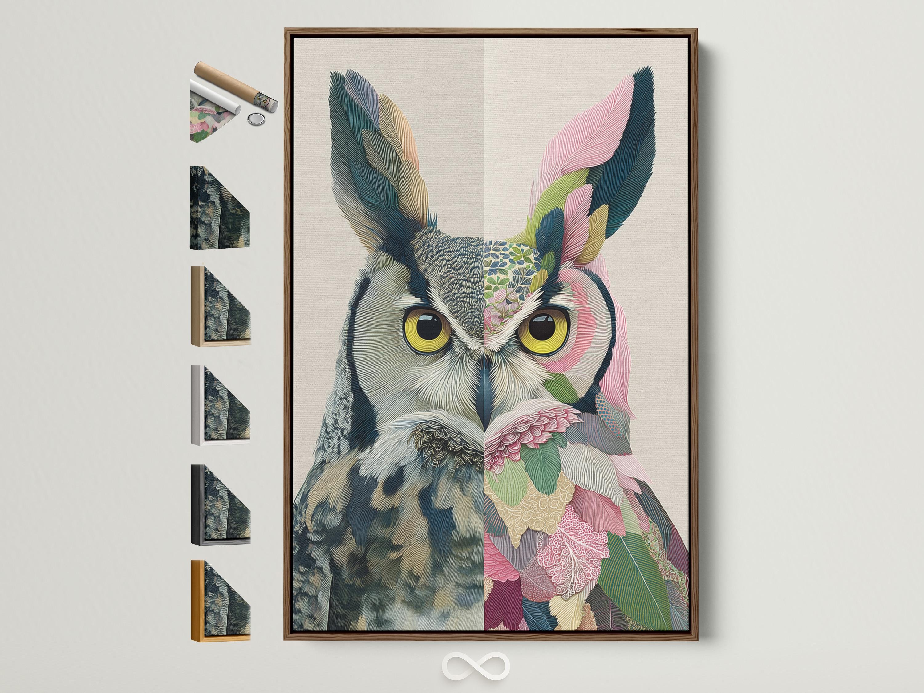Split owl portrait with yellow eyes, fanned wings and pink flower plus green leaf details