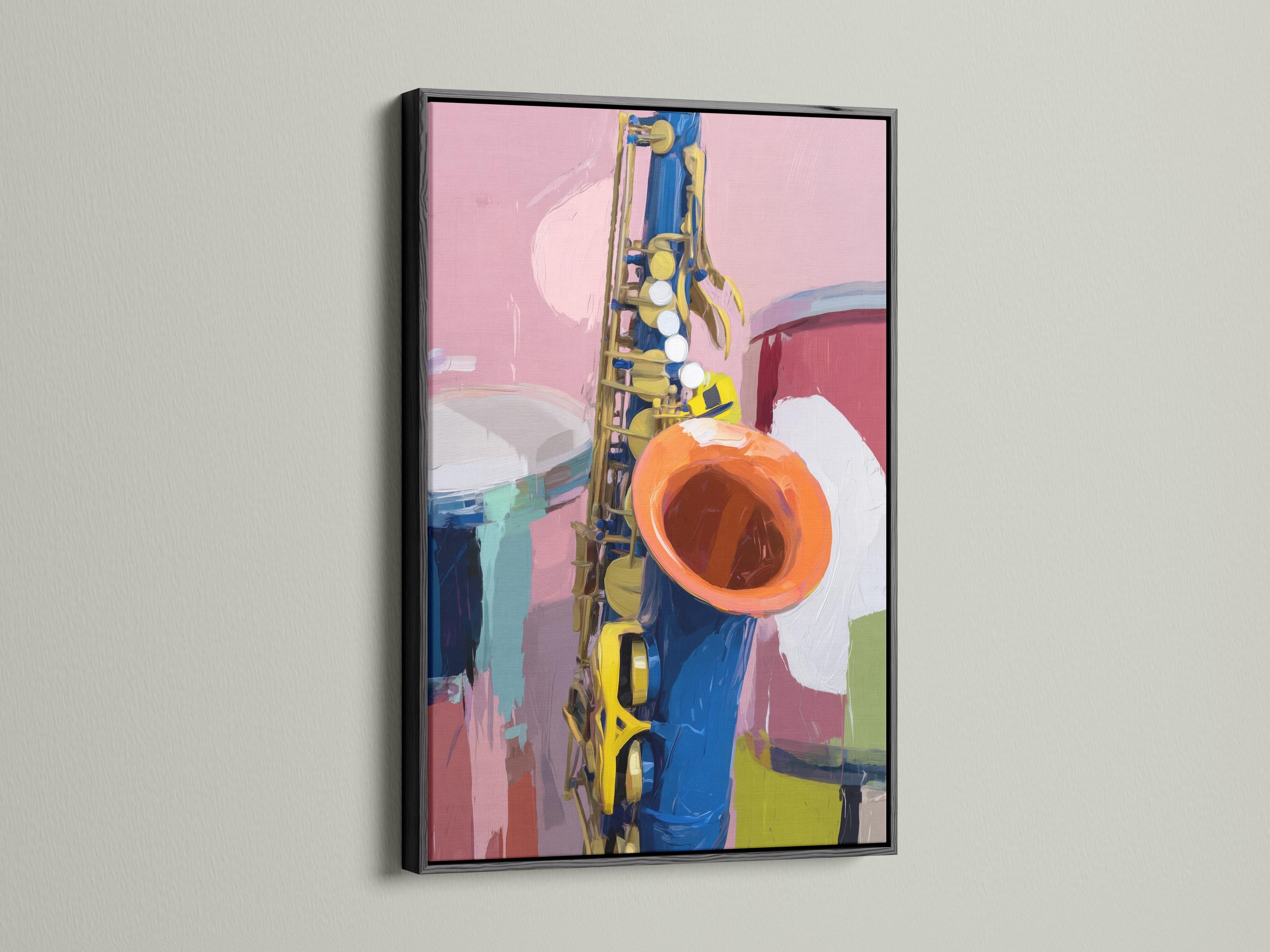 Square framed artwork mockup showing a colourful saxophone illustration on a wall