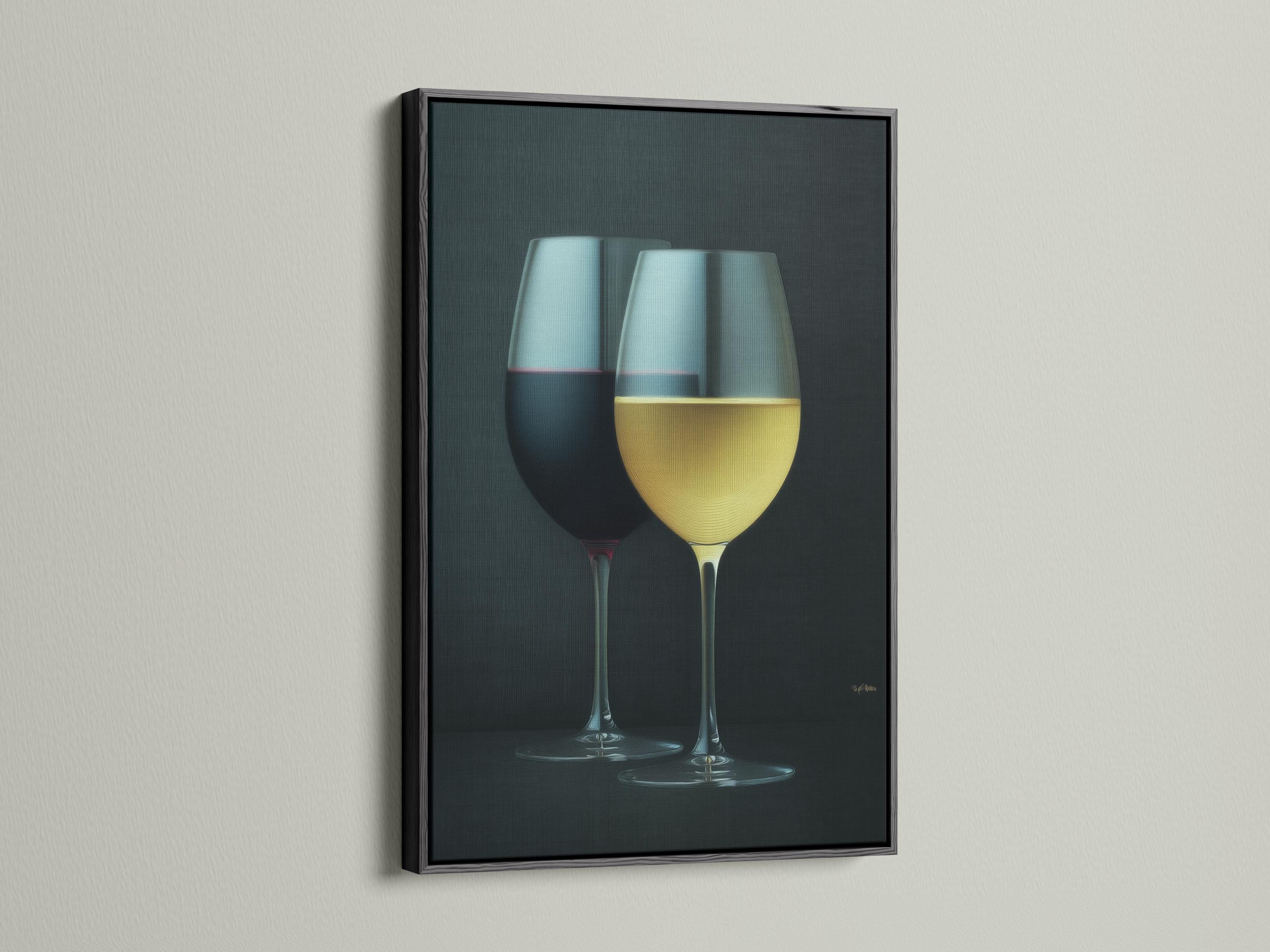Two wine glasses with red and pale yellow drinks on a dark textured background detail view