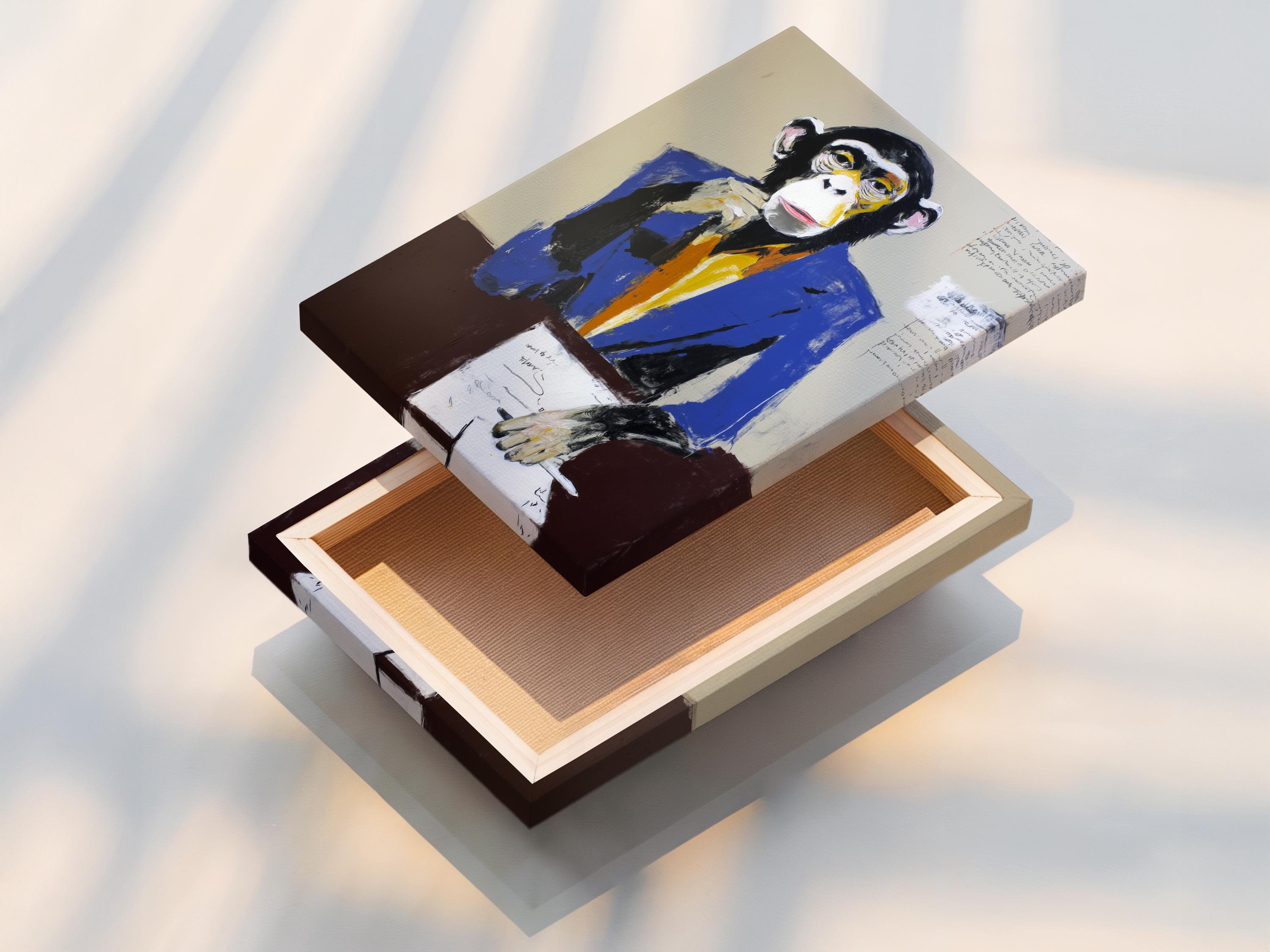 Stylised monkey portrait in a blue suit holding papers with faint scribbles detail view