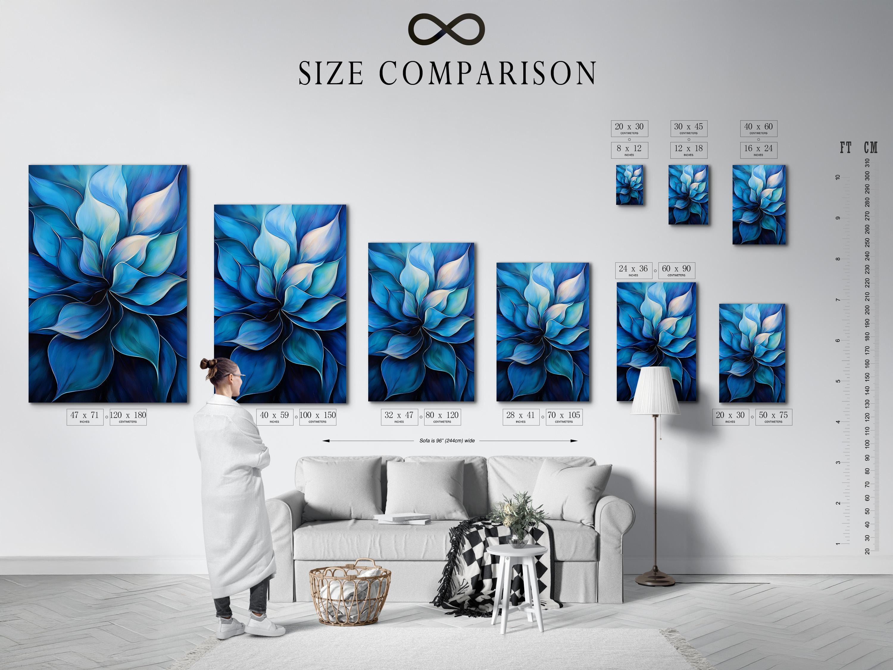 Blue abstract botanical artwork with layered petals and ivory highlights detail view