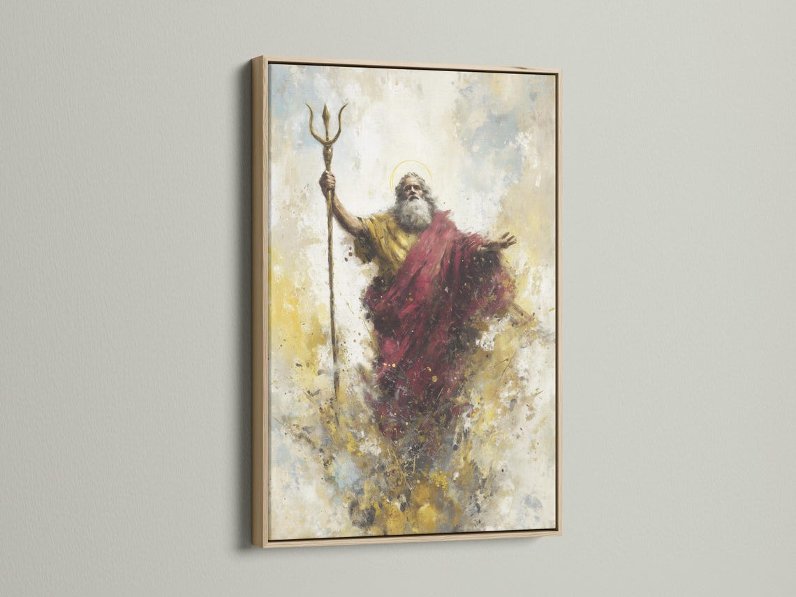 Mythological bearded figure holding an upright trident, wearing a red cloak on a textured beige background detail view