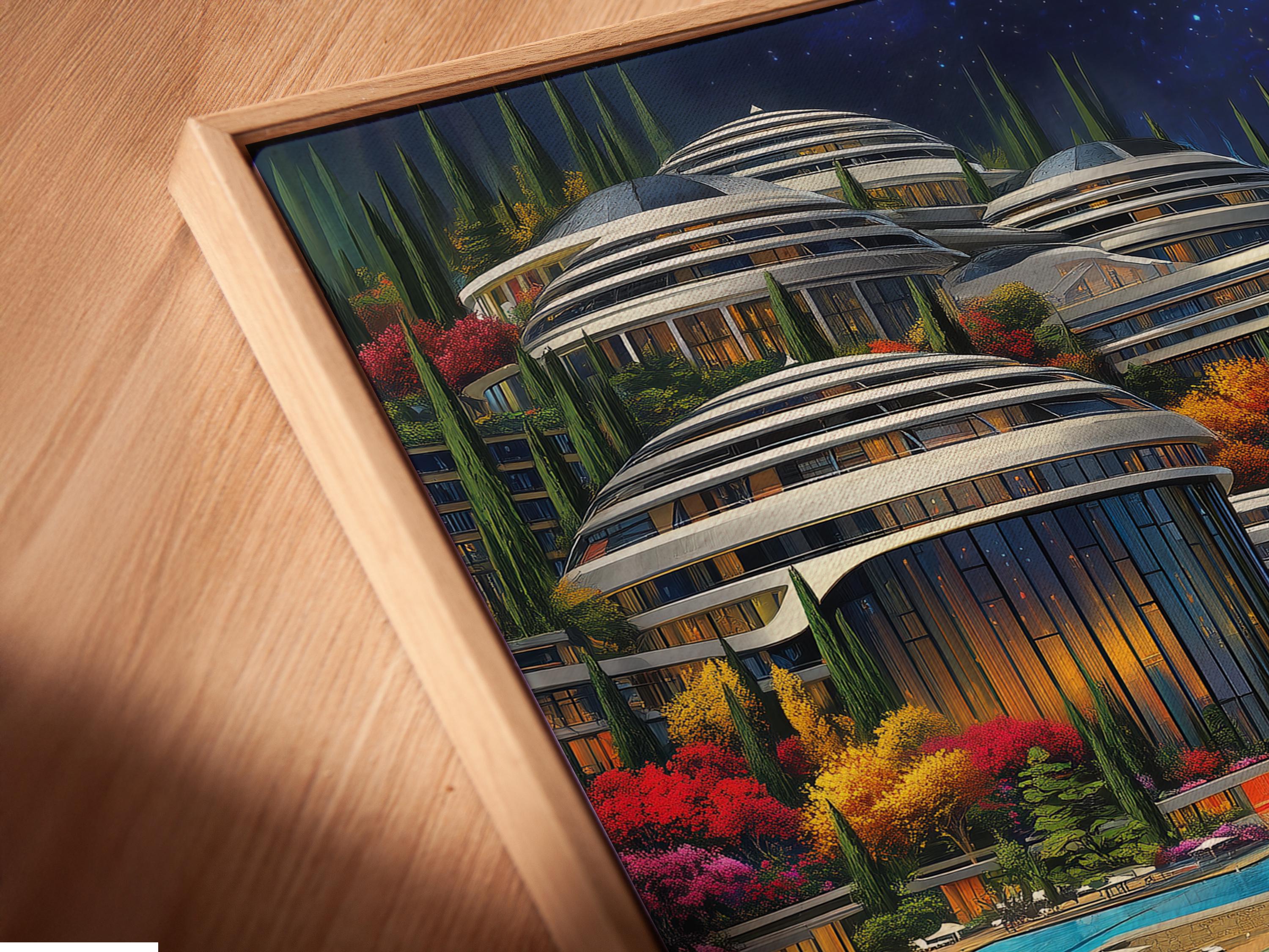 Turquoise ocean coastal cityscape with glowing futuristic towers, colourful gardens and starry night sky detail view