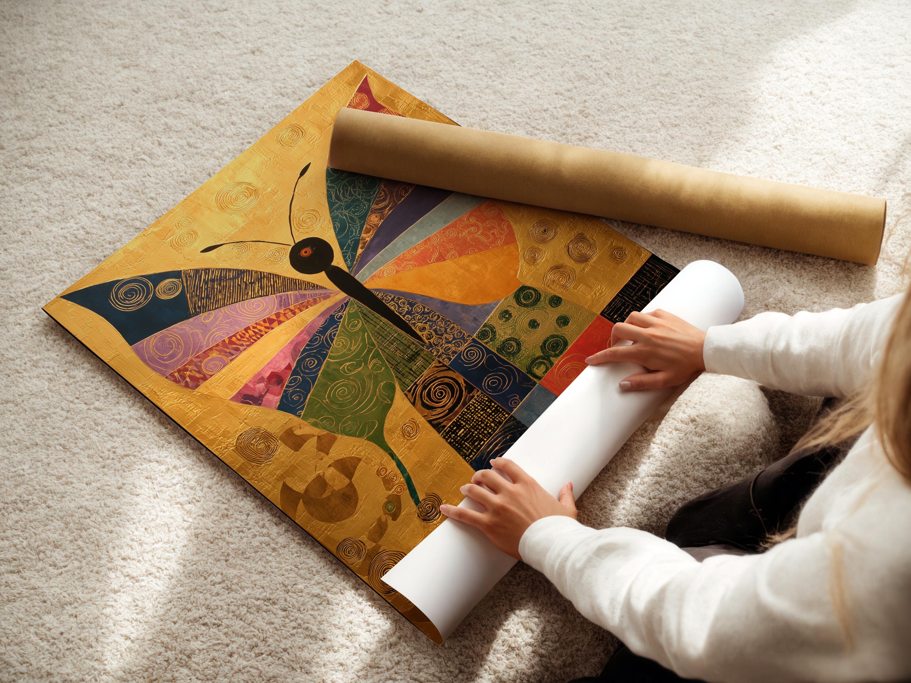 Geometric butterfly artwork with gold background and multicolour swirl-patterned wings detail view