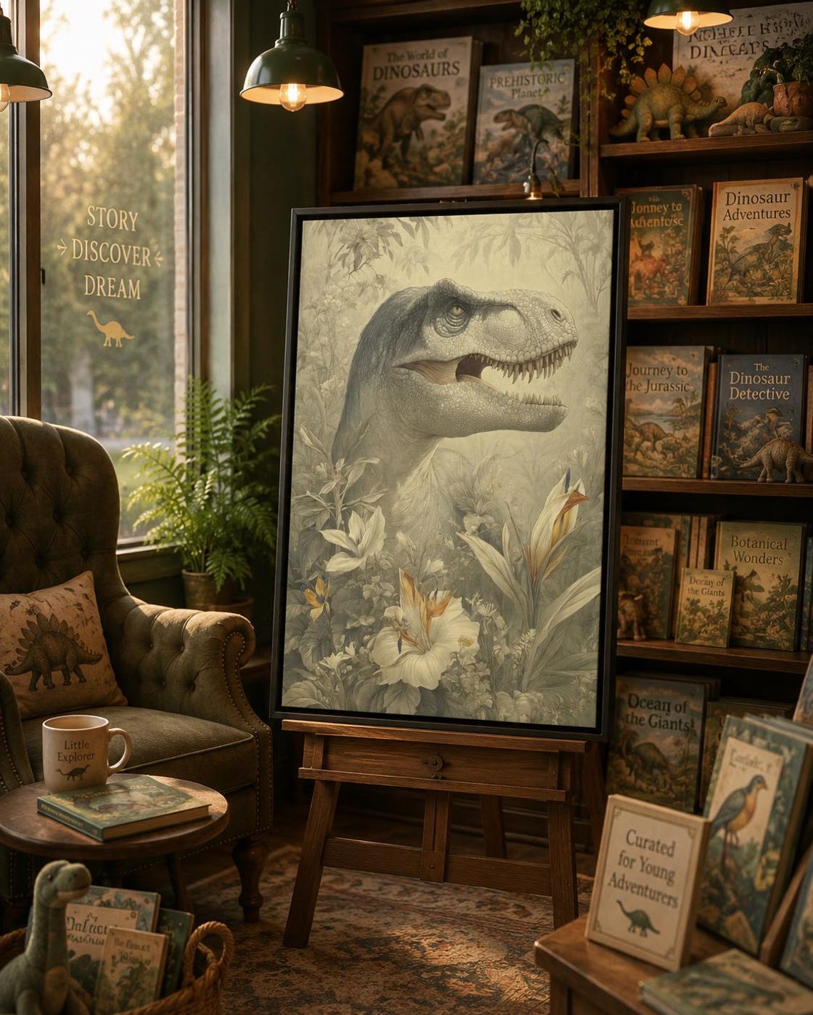 Woman standing in a room next to a framed dinosaur and botanical illustration on the wall