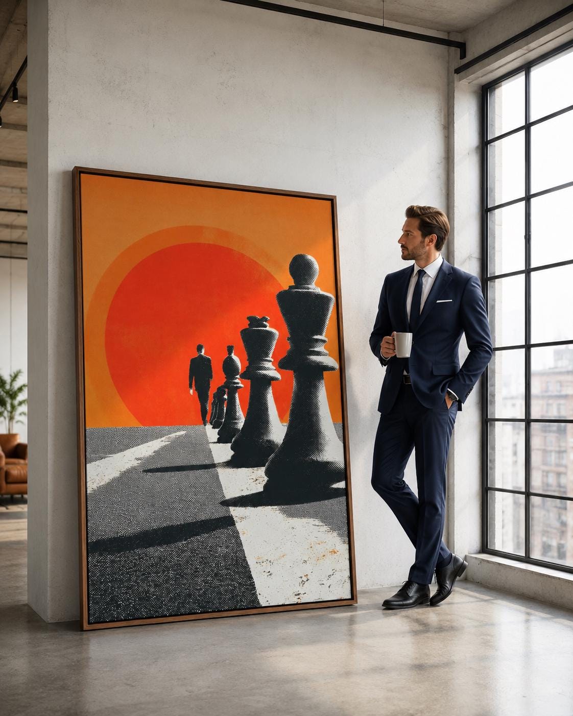Chess wall art in an office or lounge setting with warm lighting