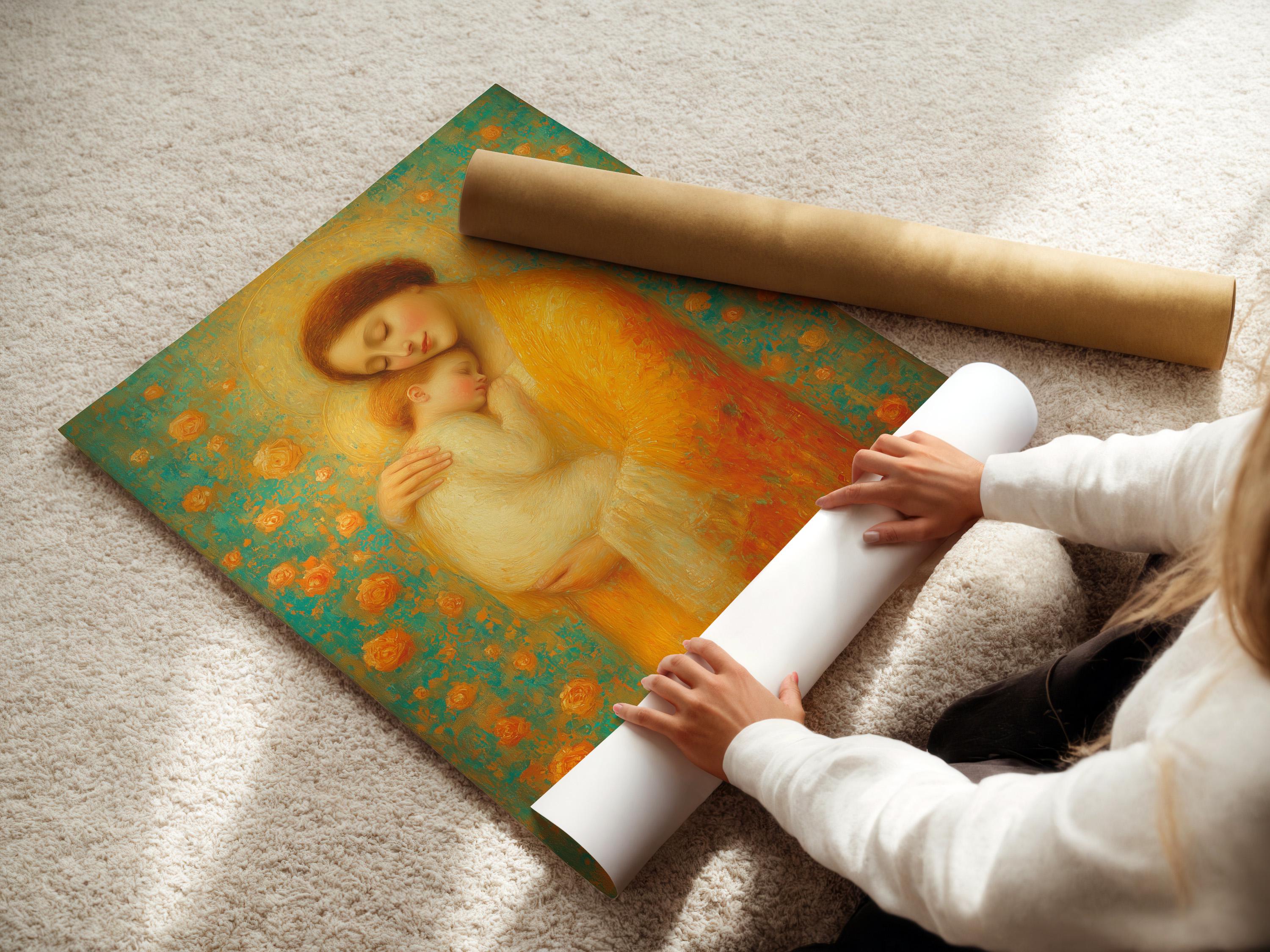 Warm gold mother holding a sleeping baby with halo against a teal patterned background detail view