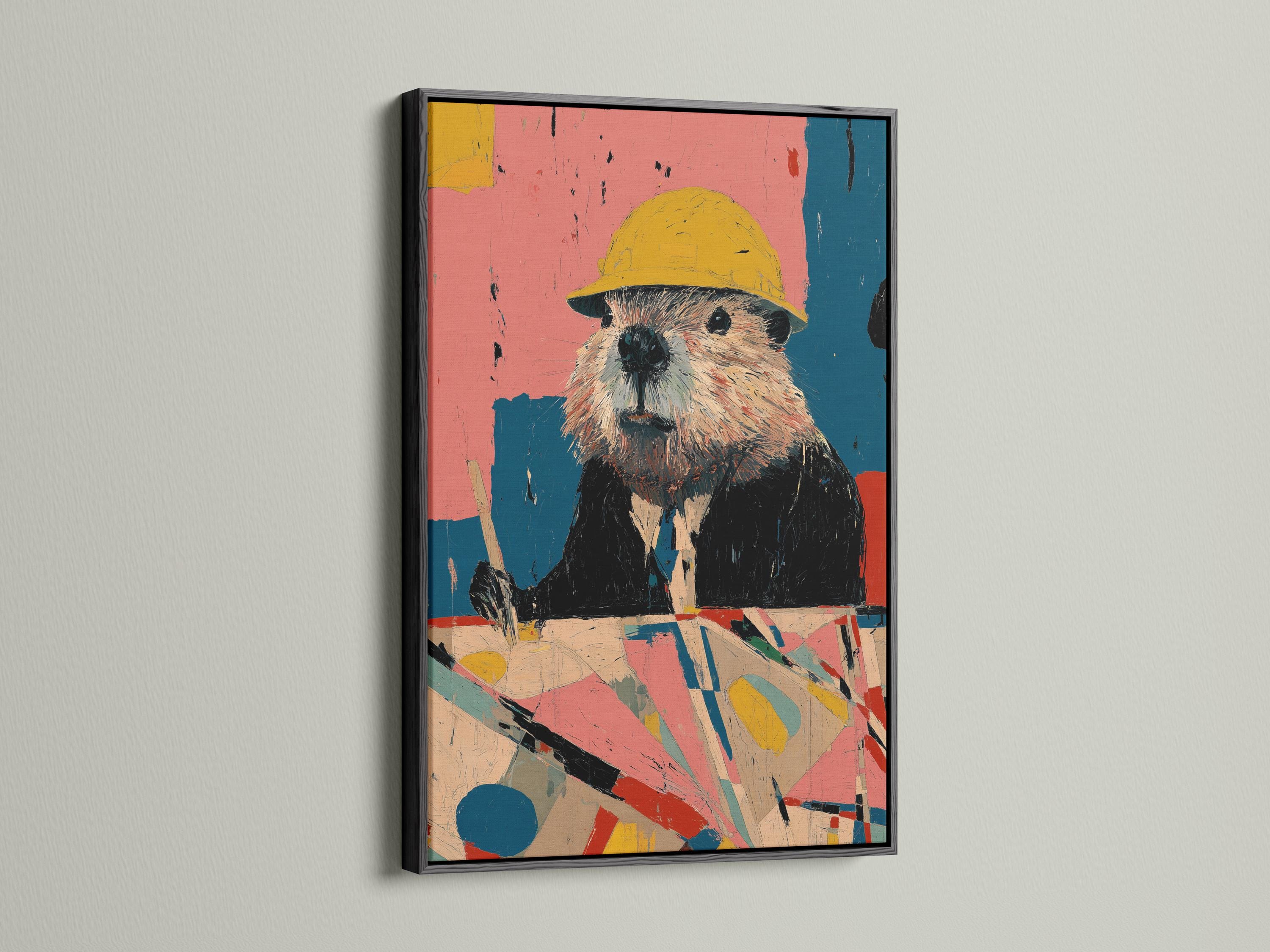 A person near a table installing a framed artwork featuring a beaver with a yellow hard hat