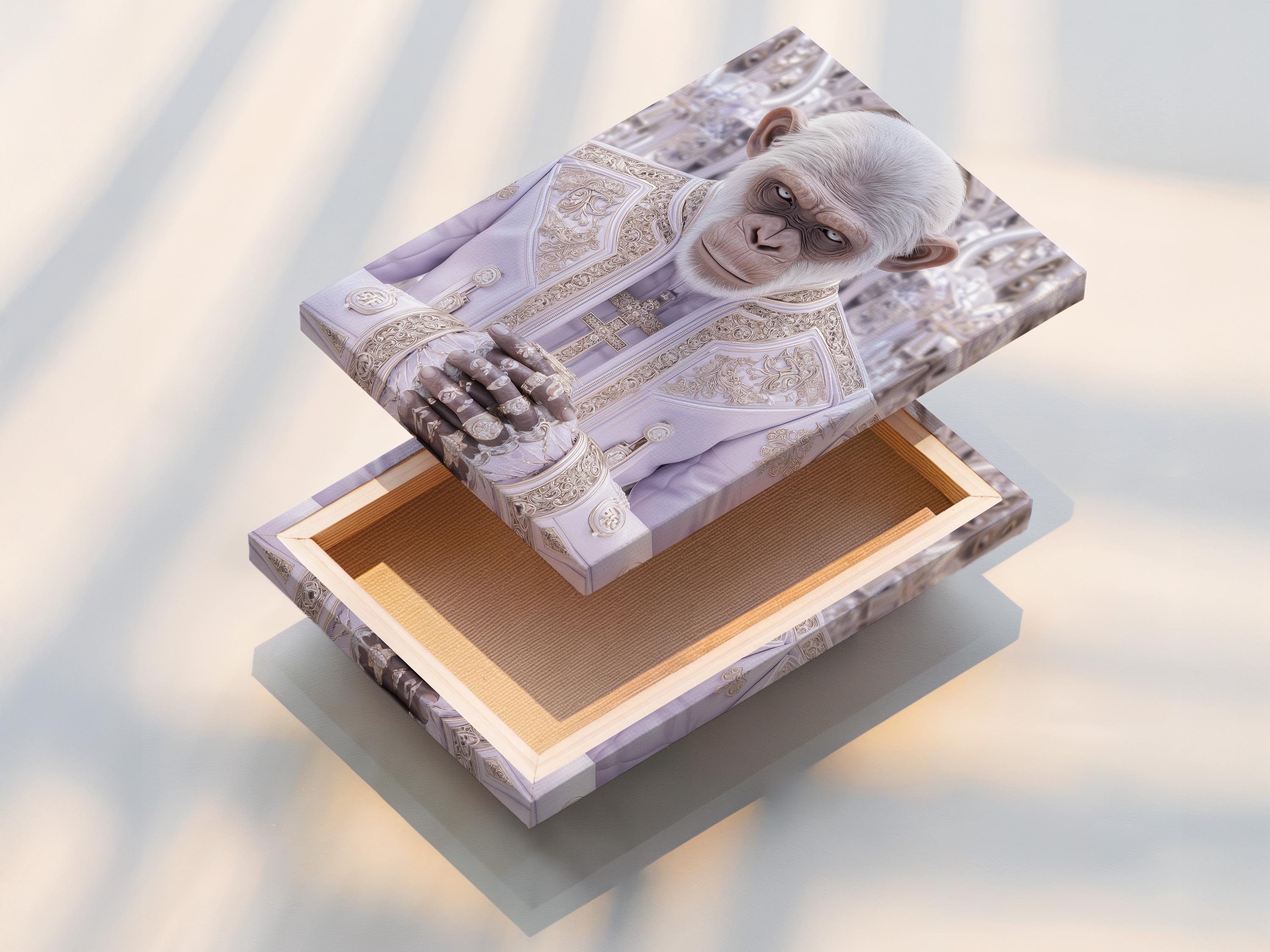 Surreal white monkey-like figure in ornate pale robes with cross motif in a soft lilac background detail view