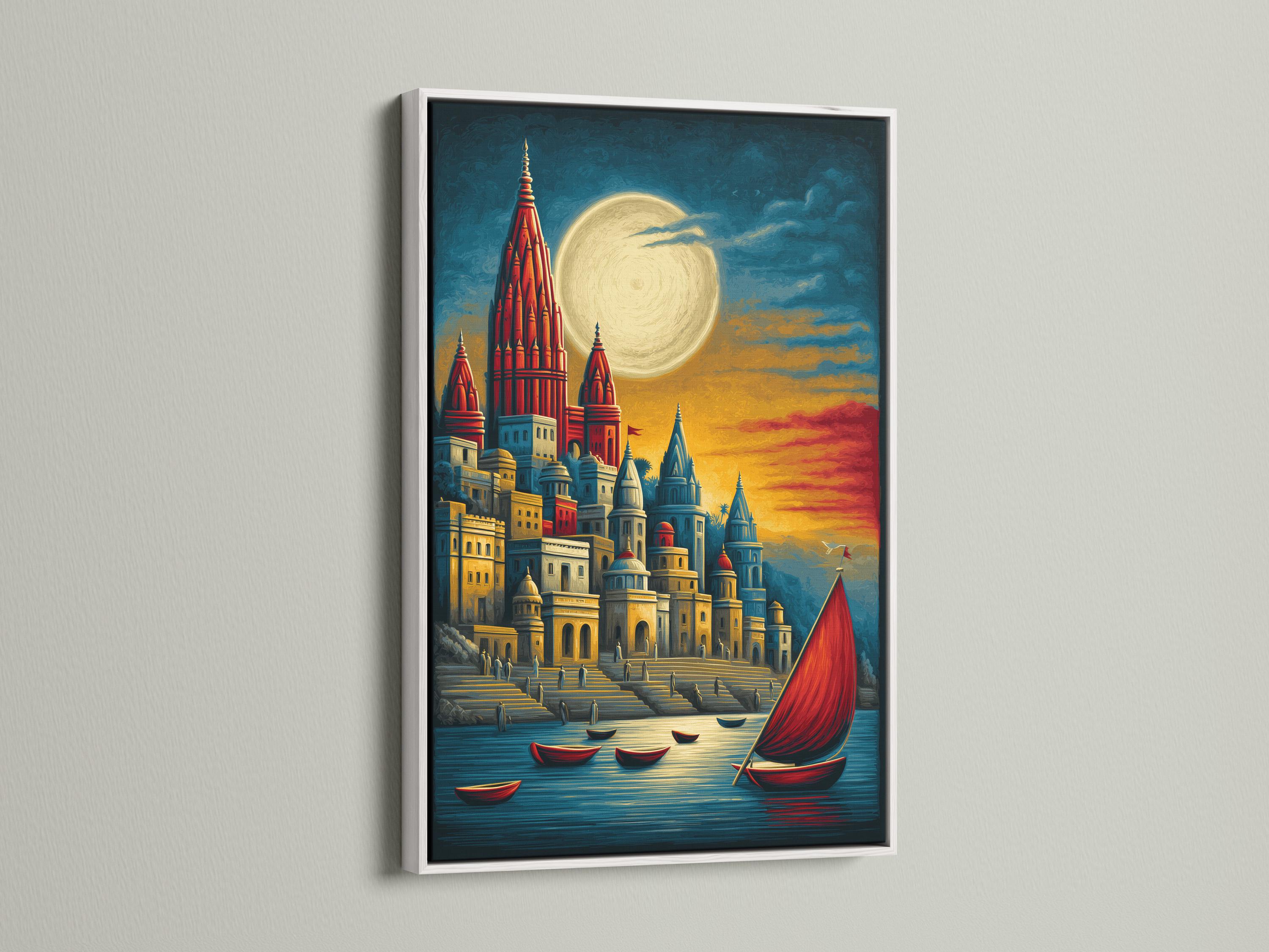 Moonlit harbour cityscape with red spires, boats, and a large pale moon over reflective water detail view