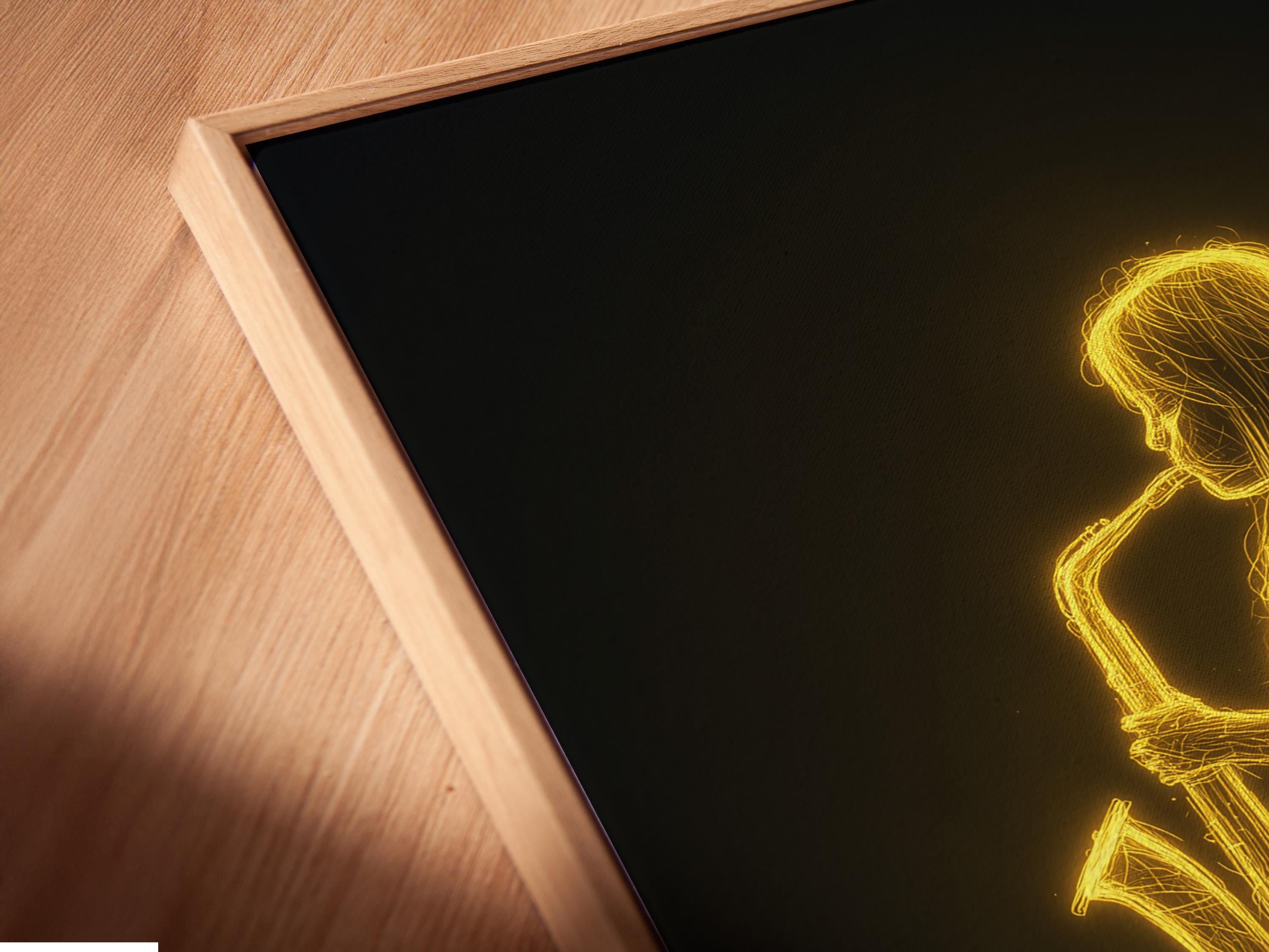 Neon gold line drawing of a saxophone player musician against a dark background with a floating music note detail view