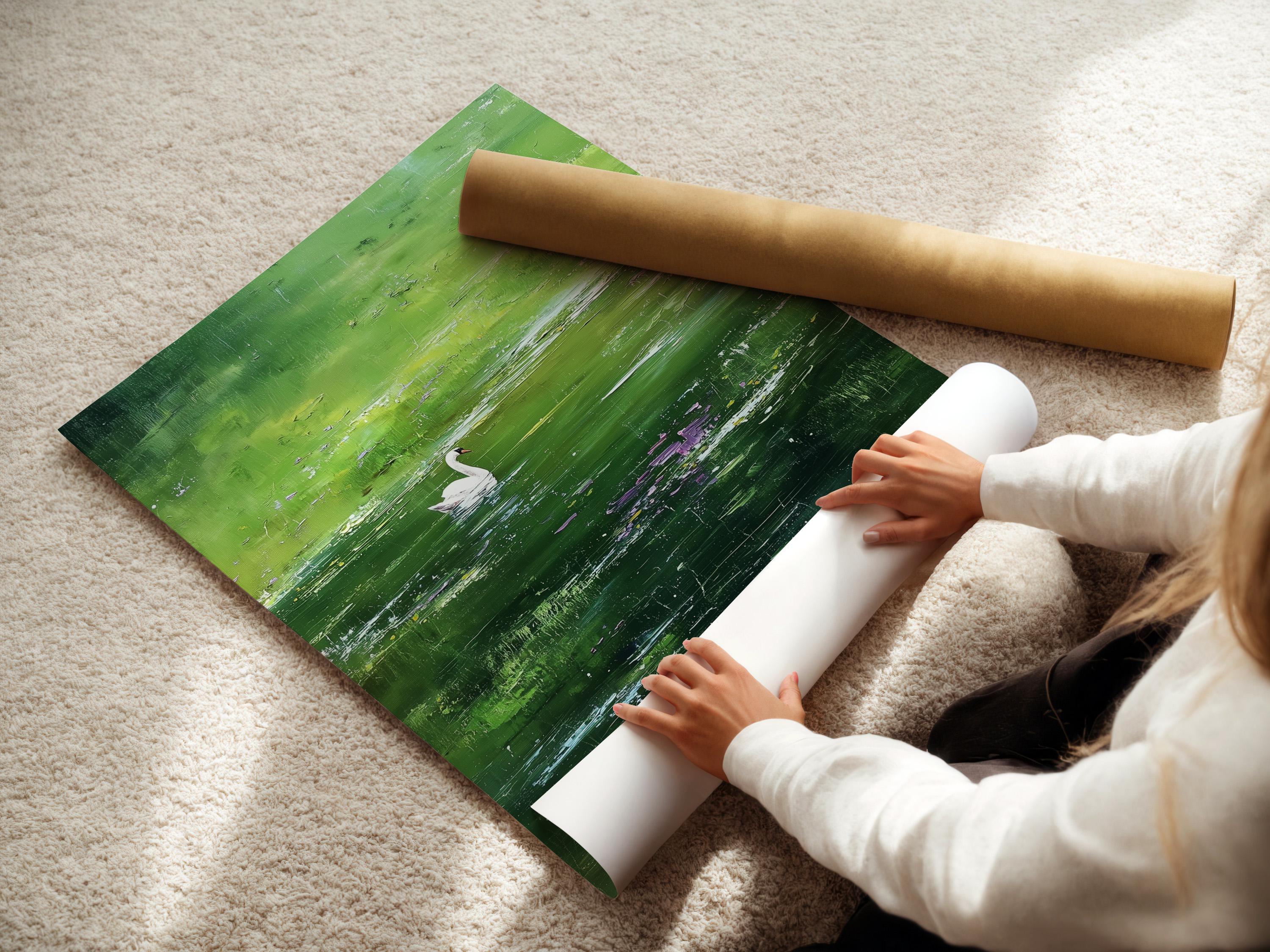 White swan in a green pond painting with lily pads and small purple-pink blossoms detail view