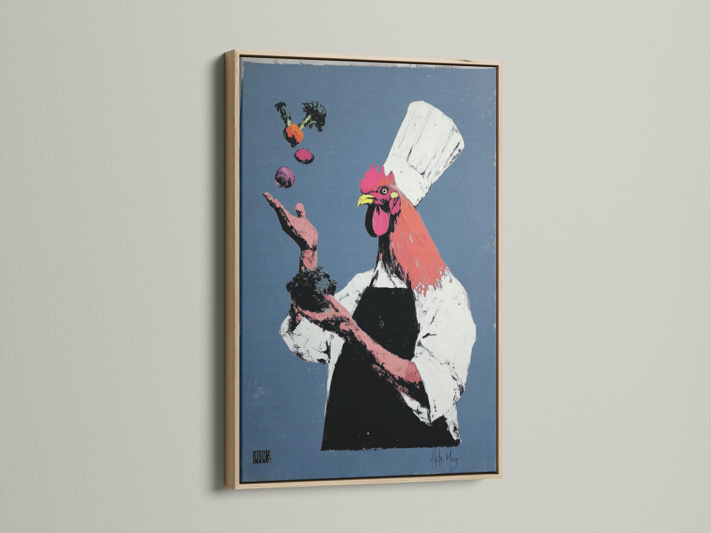 Rooster chef illustration with a tall white hat on a blue background with pink, black and yellow details detail view