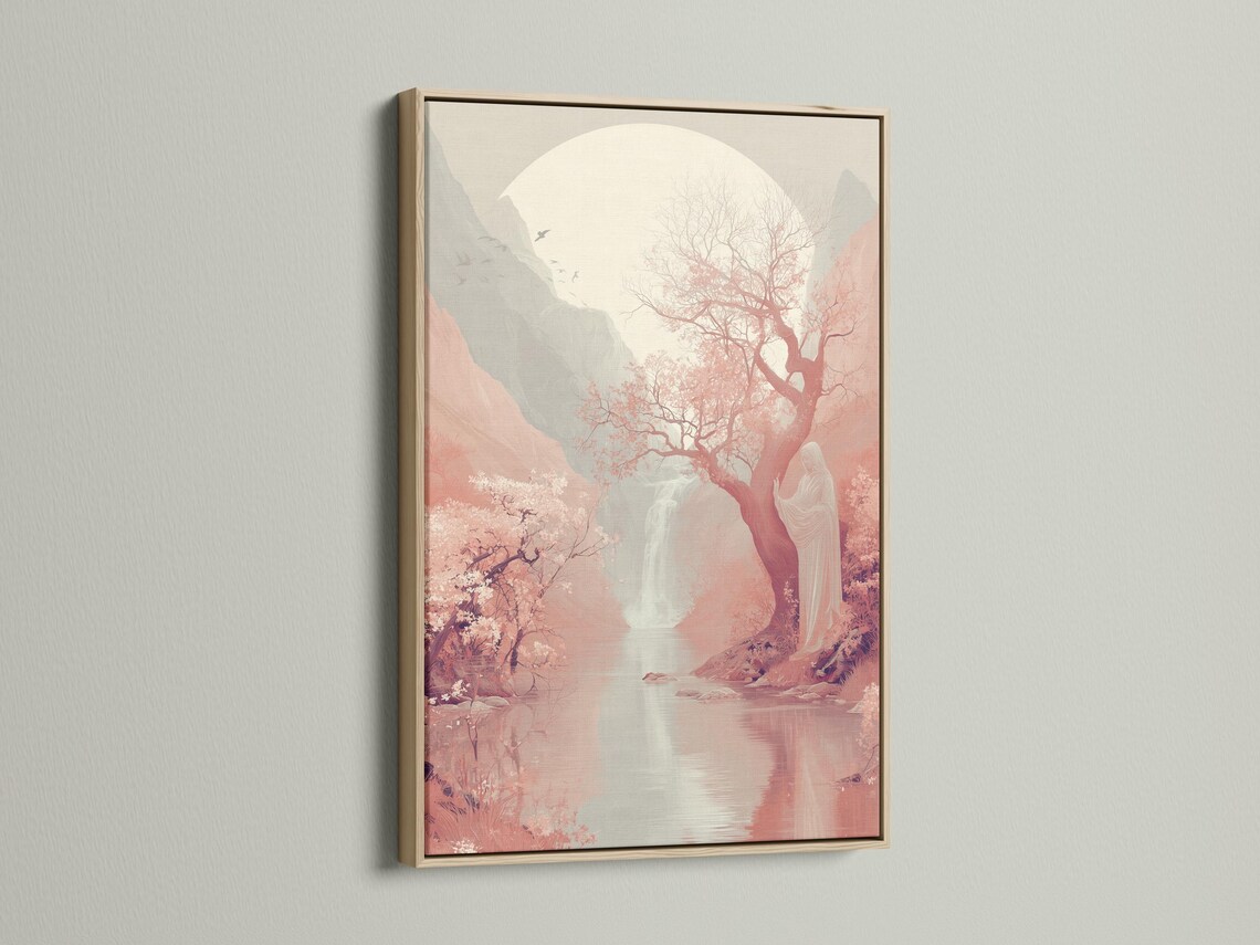 Framed moonlit landscape artwork with a blossom tree, misty mountains and reflective water detail view