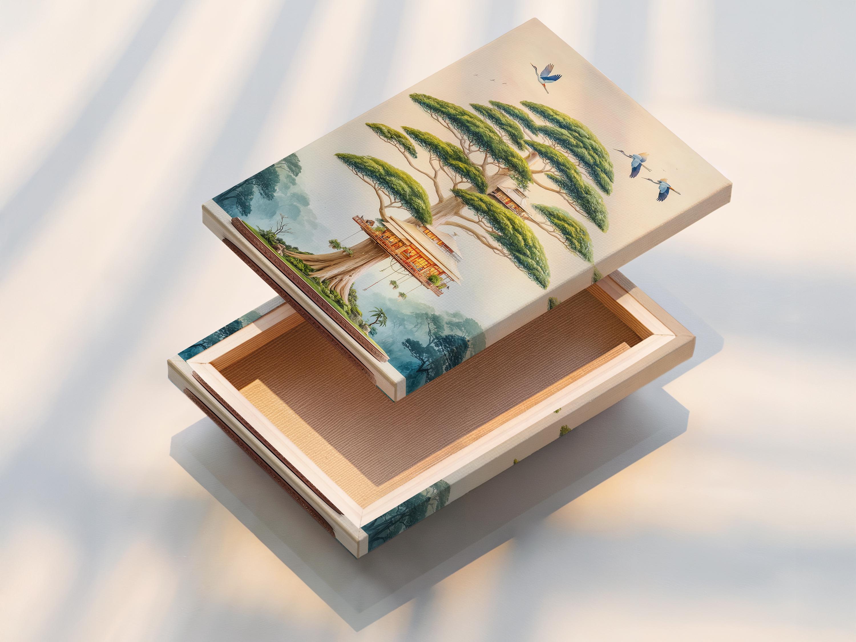 Bonsai-style tree house with blue birds flying over a misty landscape detail view