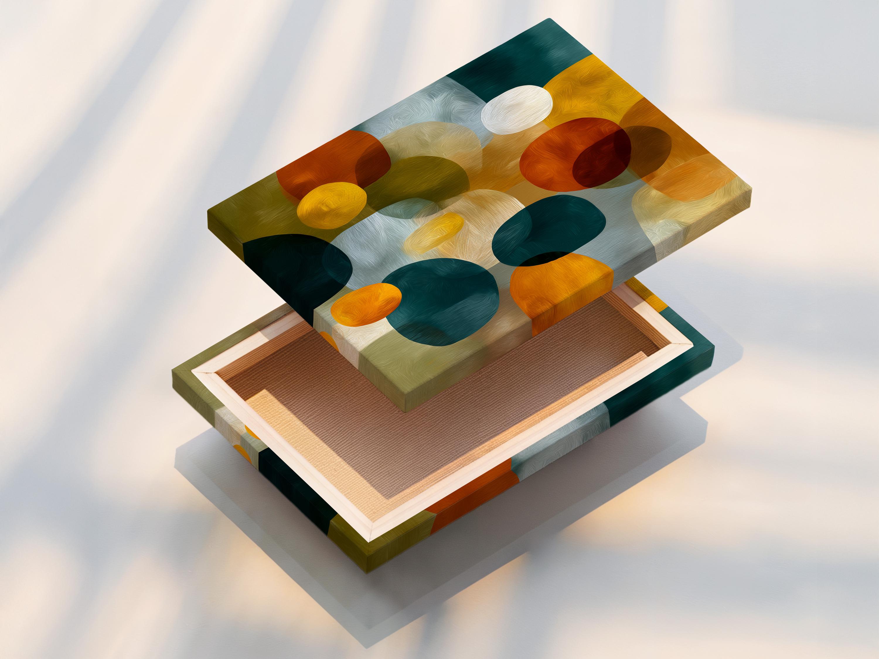 Abstract artwork with overlapping circles and oval shapes in teal, mustard yellow, orange and red detail view